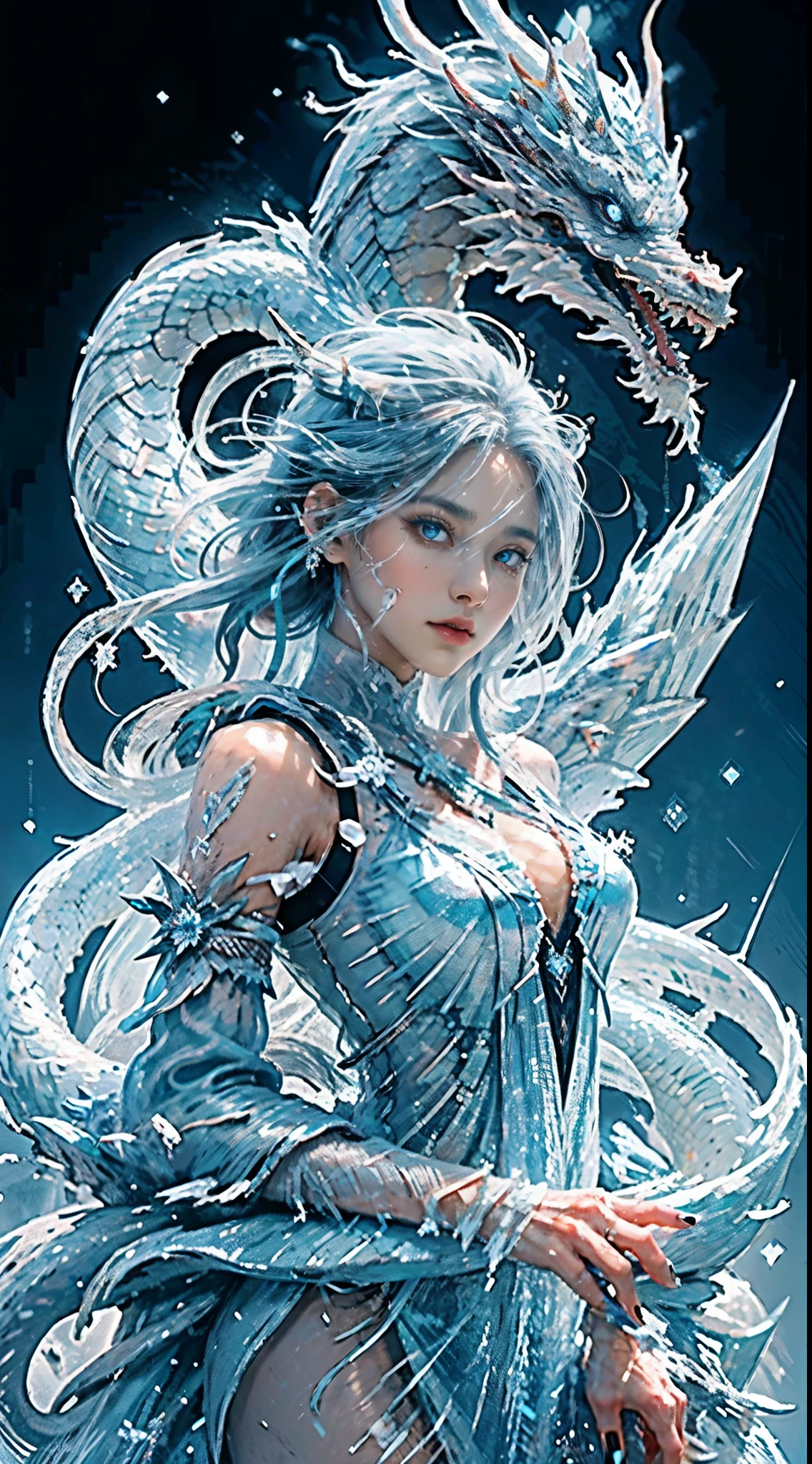 A Magician, (Perfect Facial Features: 1.4), (Blue Silk Robe), (Mysterious Magic Array: 1.2), ((Ice Dragon)), (Ice Crystal Scales), Blue Light, (Frost Wings), Powerful Ice Magic, Icicles, Towering into the Clouds, Blue Cold Light, Ice Storm, Chilling Wind, Flying Ice and Snow, Spectacular Effects, Best Quality, Masterpiece, Ultra High Resolution, Fine Details, Intricate Details, 8K Resolution, 8KUCG Wallpaper, HDR, Aqua Blue, Magic Array, Cinematic lighting, chiaroscuro, ray tracing, NVIDIA RTX
