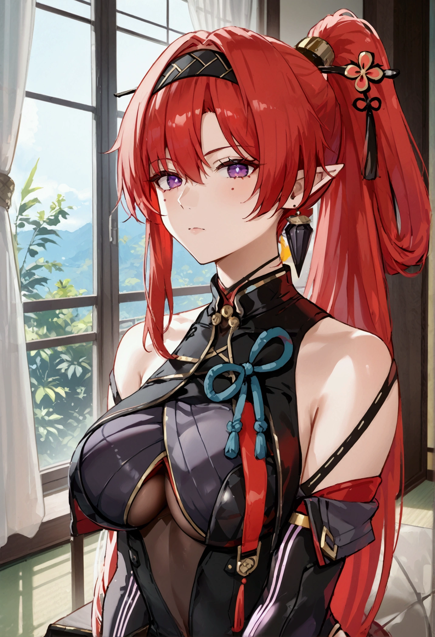 yinlin, purple eyes, pointy ears, red hair, absurdly long hair, high ponytail, hairband, hairpin, tassel, earring, mole, mole under eyes, katsuyamamage, detached sleeves, bare shoulders, black bodysuit, black gloves, black shorts, bodysuit, covered navel, elbow gloves, jewelry, pelvic curtain, short shorts, side slit, Sit, Room, Displeased face, Beautiful view, good atmosphere