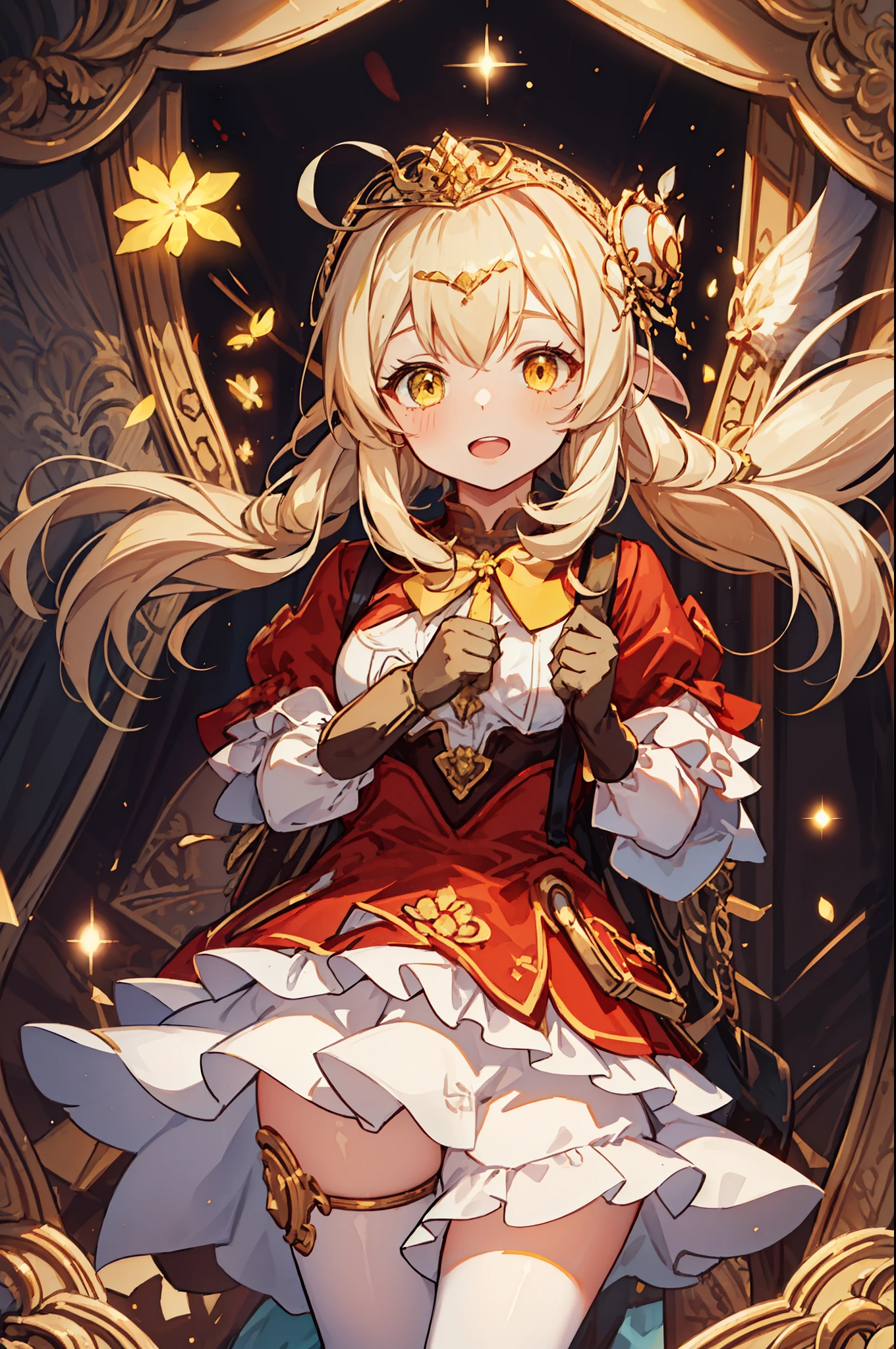 Girl, charming,gorgeous,In Love ,sacred,( Yellow and White Princess Skirt :1.3),blond,klee, red eyes, Minimalism , Multi-layer exquisite ruffles ,Lots of Lace,( Lines on clothes :1.2),( Exquisite clothing :1.1),(Multi-layer Skirt ),Princess Crown, Perspective tulle garment , Beautiful detailed face , Bedroom scene in Western mythology, movie lights ,night,Single, Metallic Decoration ,lace,(shine:1.2), ( Best Quality ), (masterpiece:1.2)