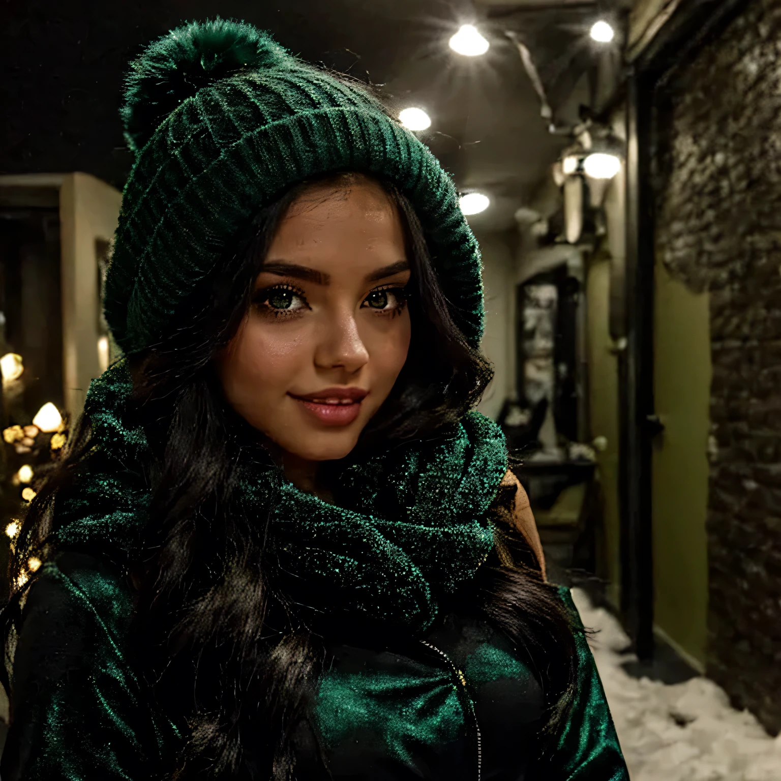 portrait of beautiful sexy young woman, facing camera, full face and hair, outdoors in night city, smile with big lips, dressed in winter outfit, 20 years old, natural dark green eyes, black hair, light makeup, perfect skin, natural lighting of her room, photorealistic, 4k