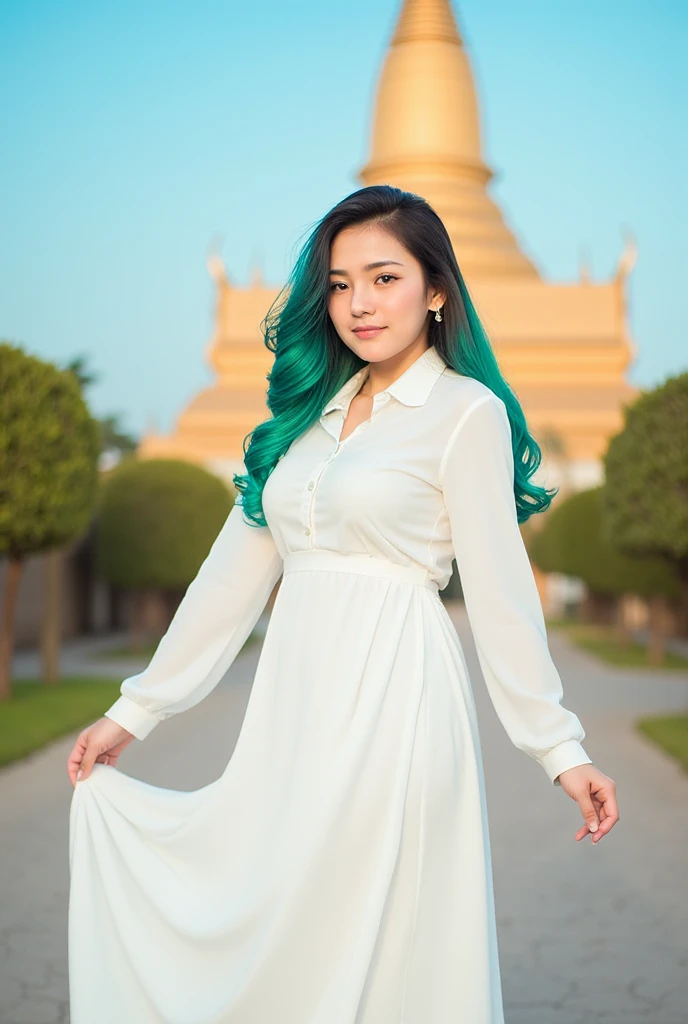 thai lady wearing  white Thai traditional dress , with green curly hair, background landmark , 