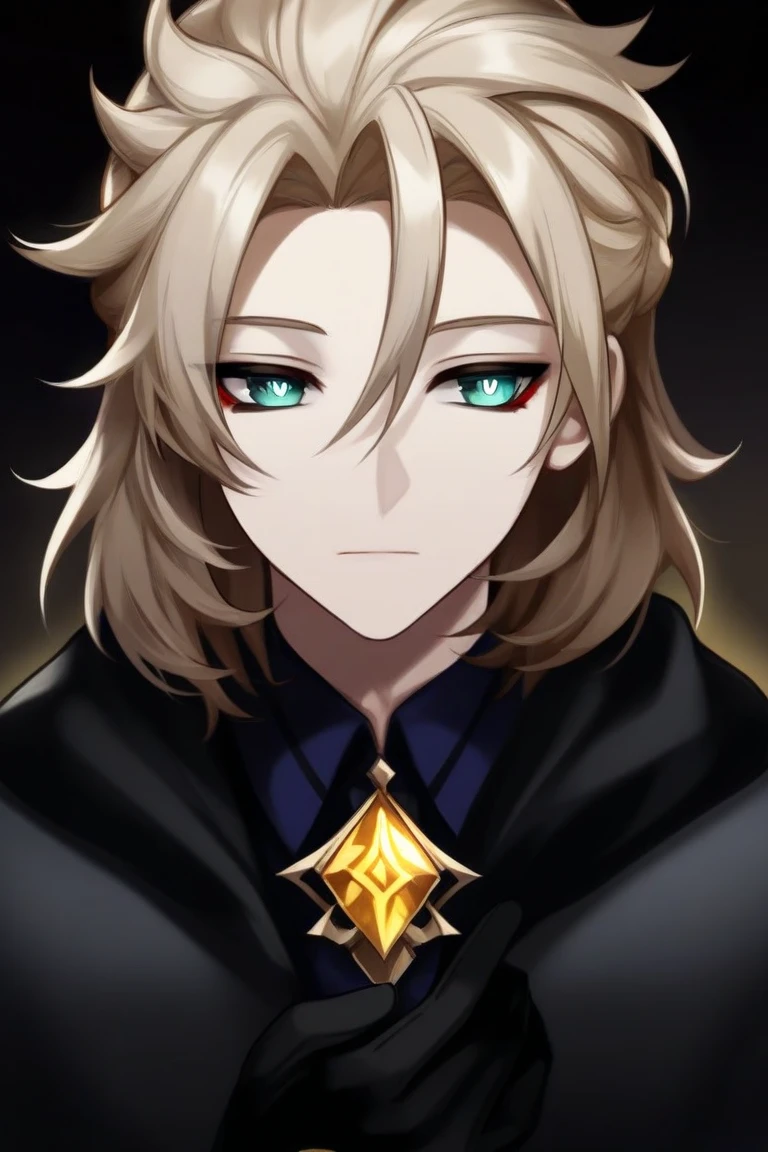  masterpiece fails. 1 character.  male character. albedo из genshin impact.  light skin .  golden blonde hair, slightly wavy. black pupils, thin eyes.  neutral facial expression .  looking away. small gold diamond on the neck .  dark clothes .  dark gloves .  dark background, hellish background. one character. 