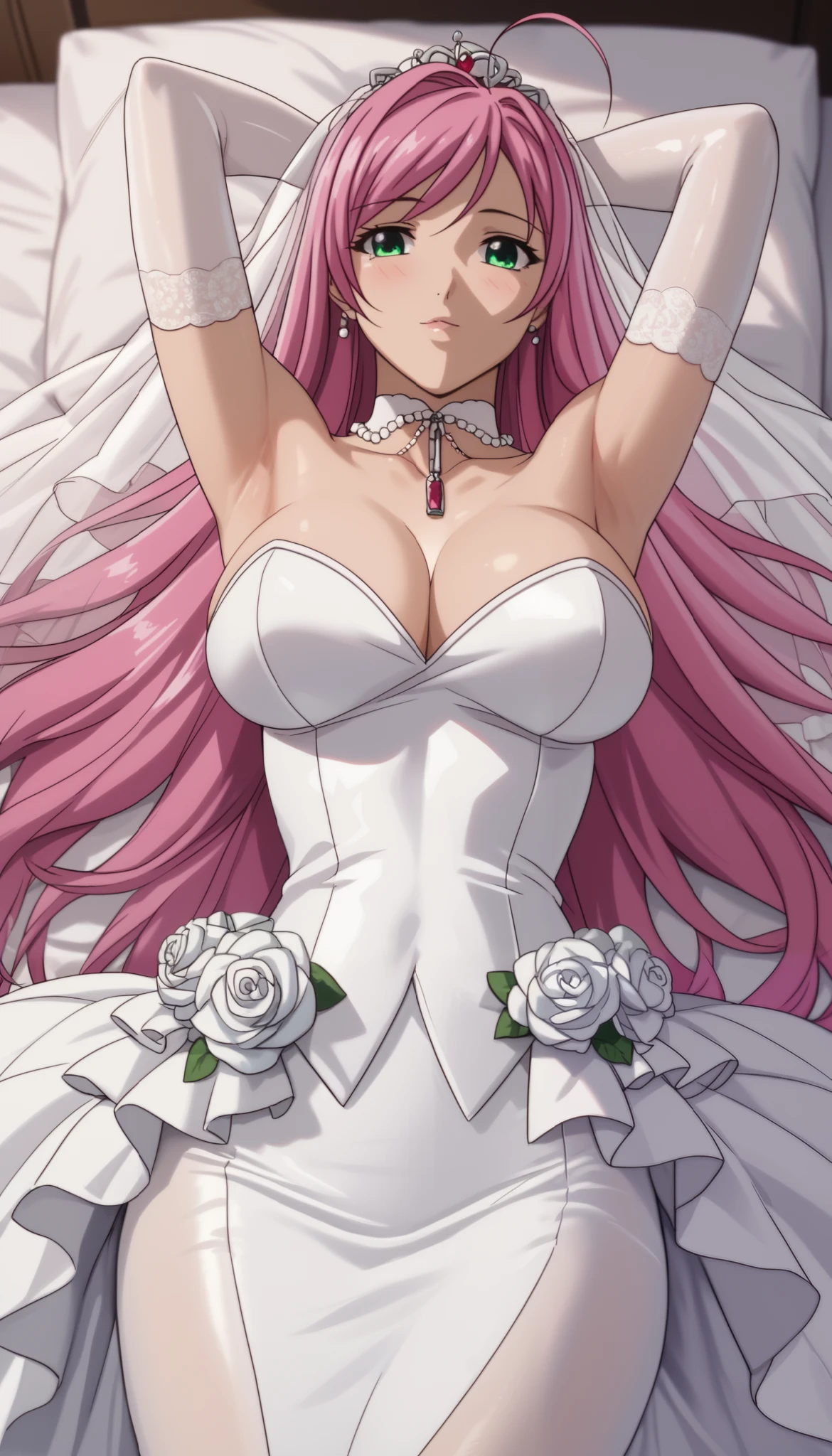 normal moka akashiya, long hair, green eyes, pink hair, ahoge, large breasts,wedding dress. arms up behind、Shiny Hair、Tight waist、Small waist、Glowing Skin、lying on the bed、bedroom background , eight-headed body、Beauty、