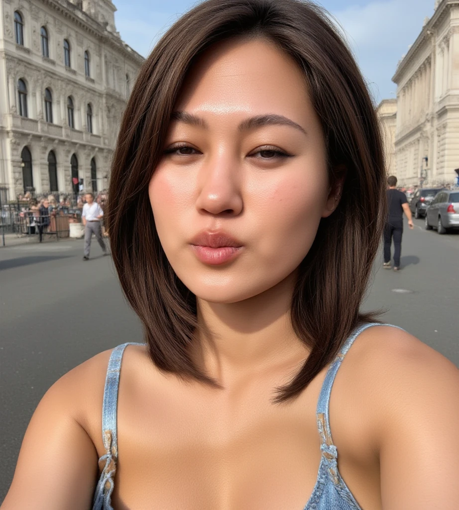 close up photo of face. straight face, front view, perfect alignment on camera. in the streets of berlin in the background. woman looking straight to the camera. pout. shiny lips, textured face, glossy glowing skin, visible pores and skin in lips. blue eyeshadow. pout. medium length hair. tank top