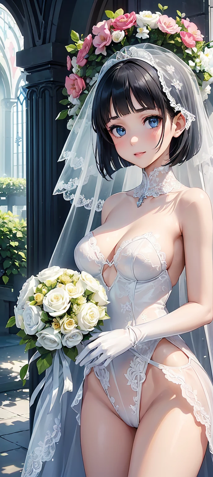 beautiful detailed girl, clear and beautiful, wedding dress, short hair