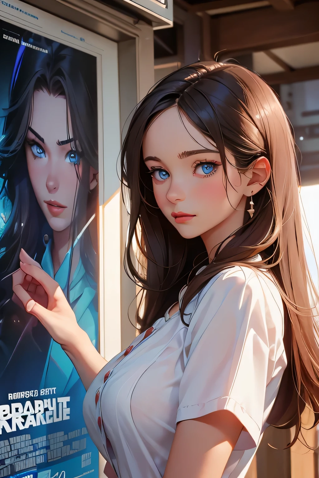 movie poster . melodrama  .  Boy with girl . Beautiful woman . She is 25 years old . height 180 centimeters . Breast size 3 .  blue eyes  . brown-haired .