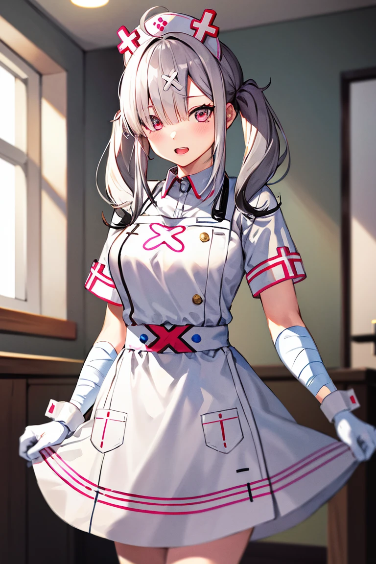 masterpiece,  top quality ,  high res, sk1,  white gloves, bandage,  white apron, Short sleeve,  Nurse, bandageを巻いた腕, Wrist Cuff , white dress, tooth,  the cowboy shot,  standing,