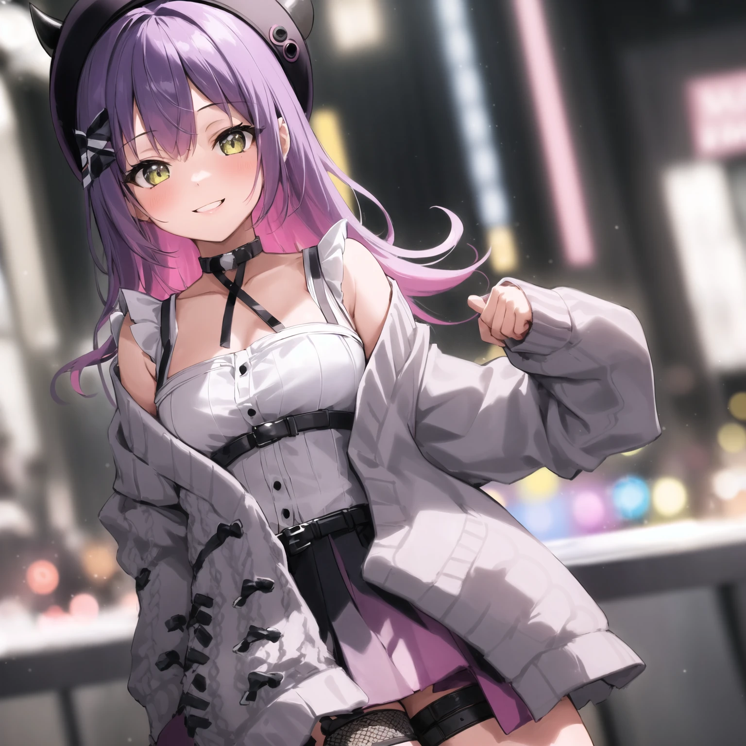4k画质,Highest high resolution,Gray-purple bangs,Red eyes,20yr old,woman,Graffiti walls,street corner,short skirt,blackstockings,God perspective,Clear face,Detailed eyes,cleavage,