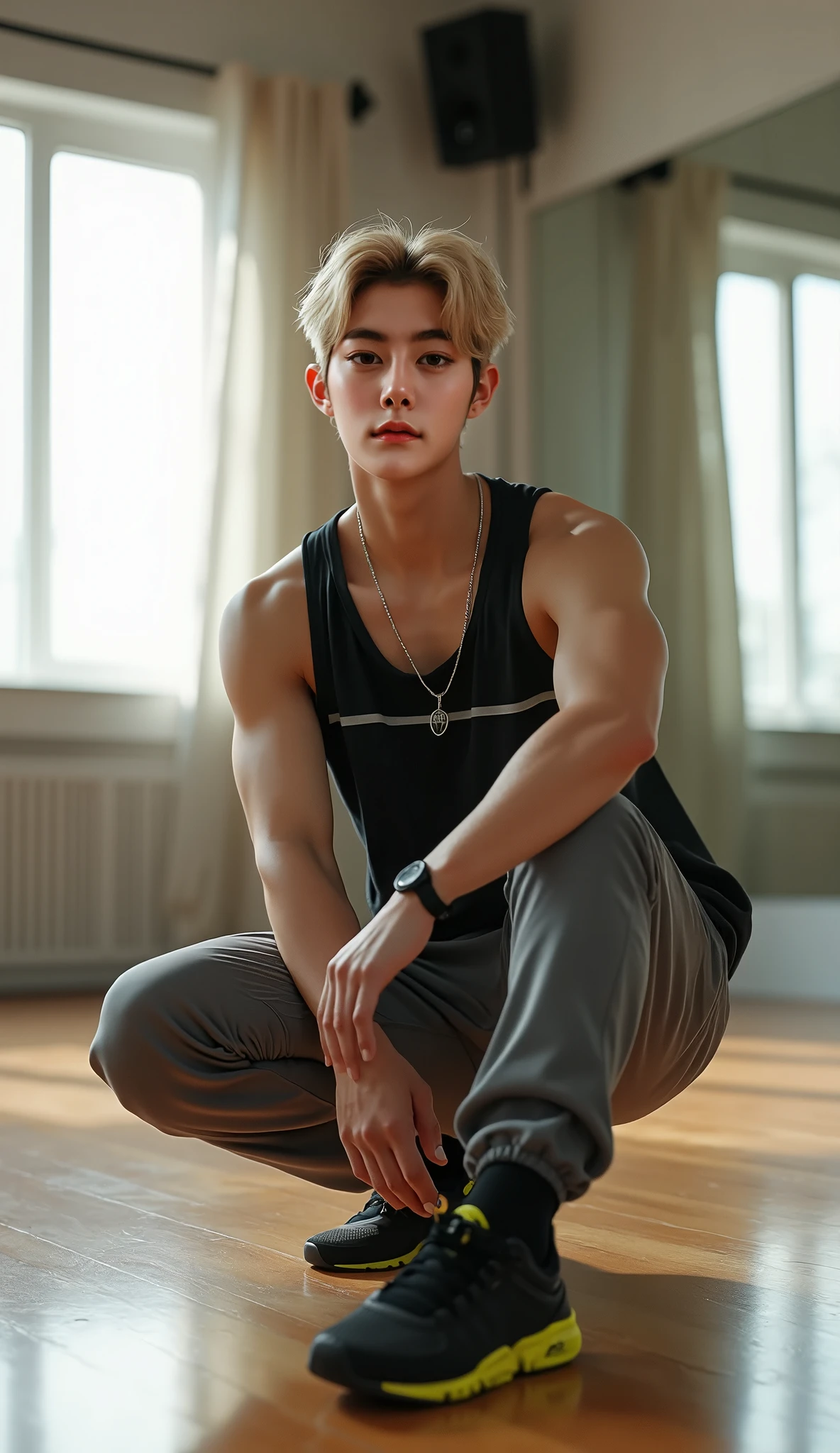 male, 20-year-old boy, Handsome,Salty face,refreshing,Mashed hairstyle,Blonde,Iris, Slickback, Sleeveless clothing, Full body photo, Looking at the camera, building, Tank top showing muscles,dance,High resolution, masterpiece, Highest quality, Very detailed, Ultra high definition, Textured skin, 