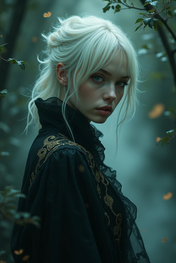 (work of art, best qualityer, ultra detali, best shade), (detailed back ground,black fantasy), (beautifull detailed face), hight contrast, (better lighting, extremely delicate and beautiful), ((cinematic light)), colorfully, hyper detail, Dramatic light, details Intricate, (1 girl, standing alone,White hair, sharpy face, purples eyes, hair between the eyes, dynamic angle), blood splatters, (rotating black light around the character:1.5), Depth of field, black light particles, (vidro quebrado), magic circle