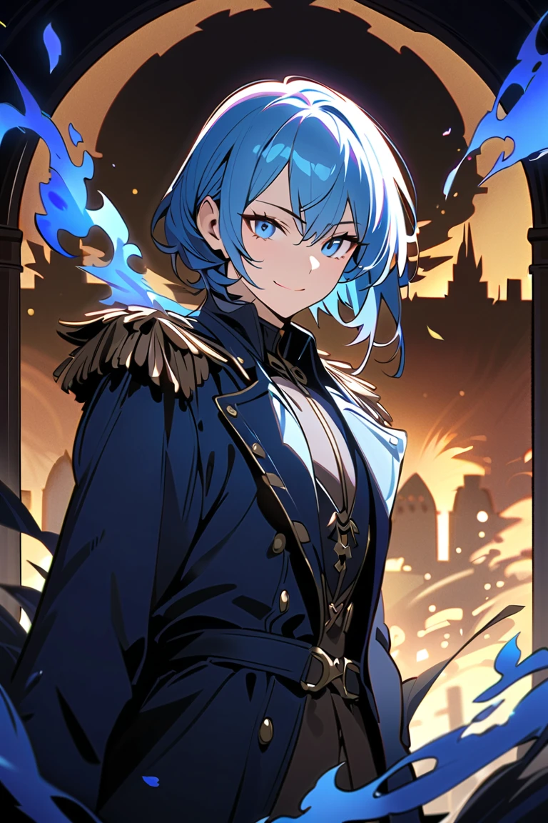 1male,,face not visible,blue combat trench coat, blue flames,(holding blue flames from closed fist),standing,front,(blue fire flying in profusion), dark skinned young male, silver side swept hair, Light blue eyes, cocky smile, Art Deco,Color Field painting,rococo style,chiaroscuro,cinematic lighting,large quantity of petals,night,dark fantasy,graveyard background,masterpiece,best quality,ultra detailed,8k portrait,unity 8k wallpaper,super fine illustration