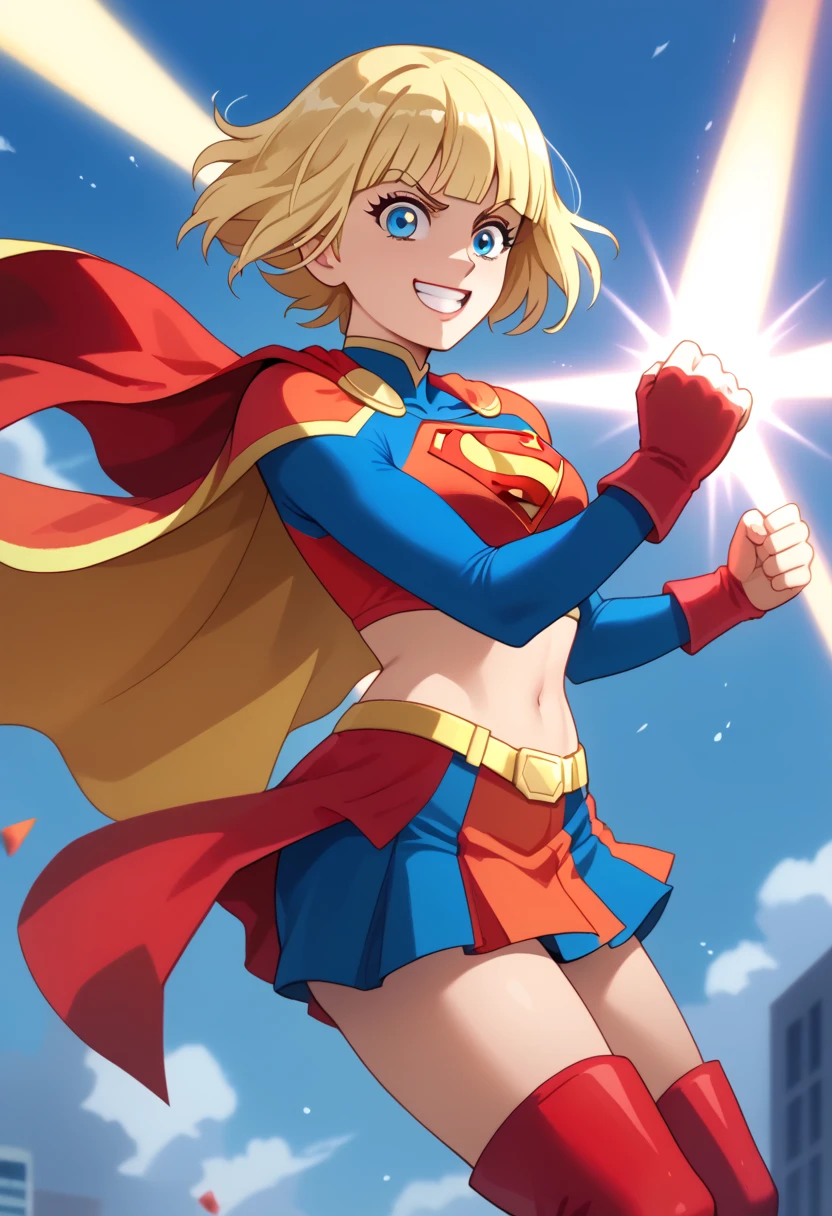 Emma Hanes shines with confidence and vitality in the Supergirl costume, her dynamic energy and enthusiasm perfectly matching the heroic attire. The blue bodysuit adorned with the iconic red and yellow "S" emblem highlights her strong, adventurous spirit. The bold red cape flows dramatically behind her, and the matching red skirt and knee-high red boots complete the ensemble with a touch of classic superhero flair. Her shoulder-length blonde hair falls neatly around her face, with a few strands catching the breeze, adding to her active and lively demeanor. Her bright, determined eyes reflect a playful yet steadfast commitment to doing what's right. Emma’s stance, hands confidently on her hips and a radiant smile on her face, exudes positivity and assurance. In the Supergirl costume, Emma Hanes embodies a youthful and energetic hero who is always ready to tackle challenges head-on. Her presence inspires those around her to stand tall and embrace their inner strength, proving that heroism is as much about spirit as it is about action. Emma Hanes, blonde hair,short hair,blunt bangs,blue eyes, 1girl, solo,