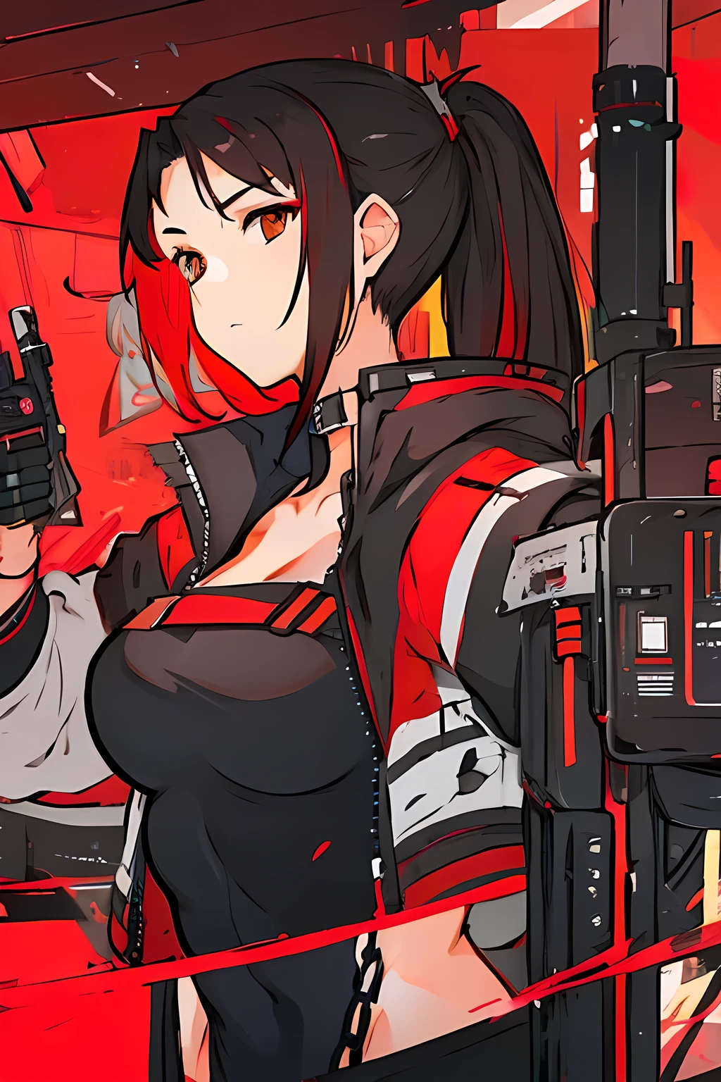 r, girl, spiky black hair with red highlights, brown eyes, cyberpunk outfit.