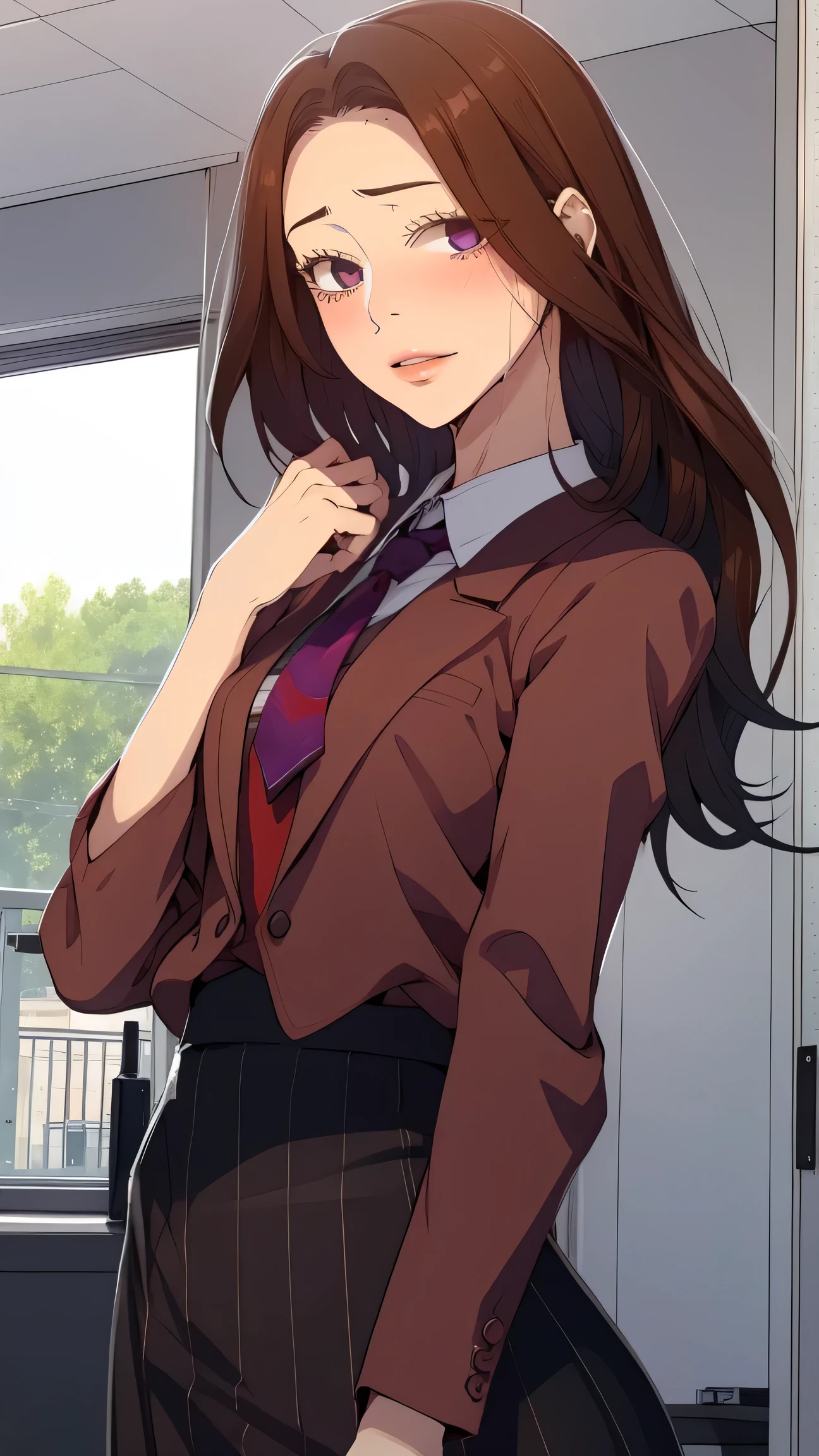 Fraction_9, Fraction_8_up, Fraction_7_up, Fraction_6_up, Fraction_5_up, Fraction_4_up, Yuxi, brown eyes, Black hair, Long hair,house, mature woman, 1 Girl, Long_hair, blush, sweat, Purple_ eyes, brown_hair, Lips, Purple_hair, Smile, Unique , shirt, skirt, skirt , white shirt , office women, office suit, office, indoors, Set, tie, Casual suits, secretary
