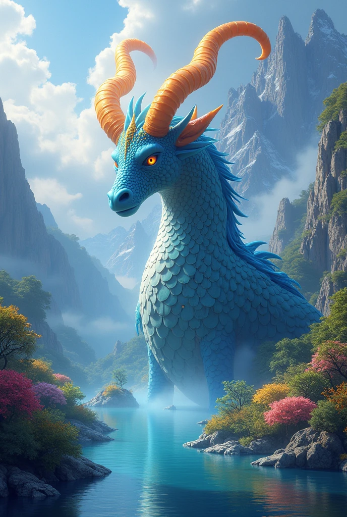 luminous scales, vibrant colors, mythical creature, majestic presence, intricate details, awe-inspiring gaze, ethereal atmosphere, stunning fantasy art, enchanting lighting, mystical aura, realistic textures, breathtaking scene, fantastical world, epic proportions