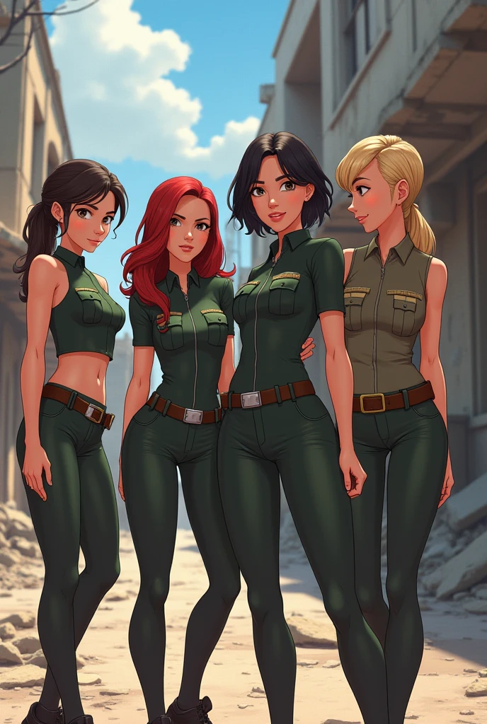 Green jeans, nude top, small breasts, sexy, braces, smiling, back, ass, brown curly hair, 1 girl, pixar style, green hat on head