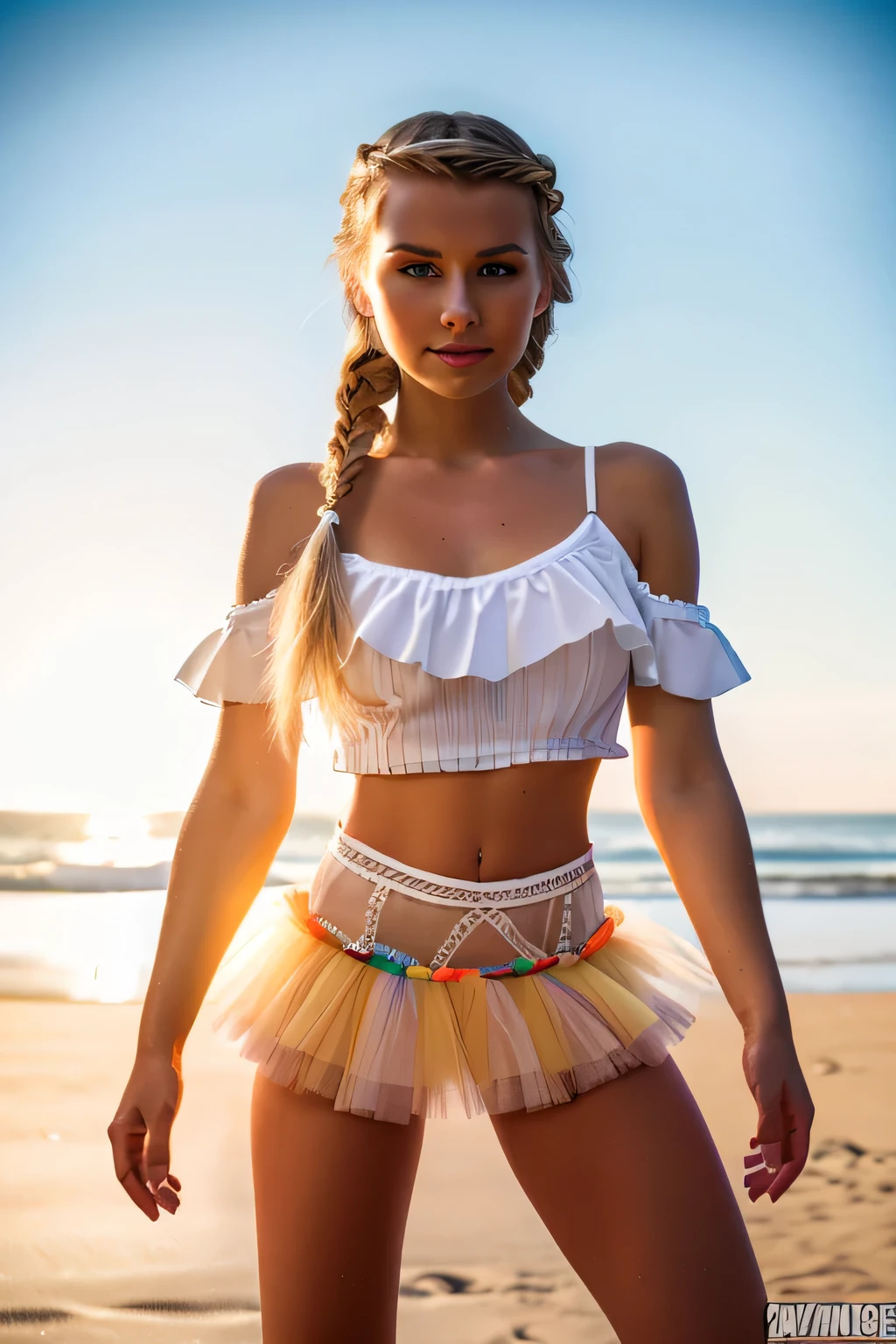 Hyperrealistic portrait, (full body portrait:1.3) of a beautiful 21-year-old Dutch woman named Nana, (long blonde Dutch braid:1.2), (on sunny beach:1.1), (wearing tutu skirt and flared top:1.2), (sensual pose:1.1), (coy expression:1.1), centered composition, (exposed skin:1.1), (long legs:1.2), (high breasts:1.1), captured with professional DSLR camera, extreme detail, 8k ultra HD, photorealistic, trending on ArtStation, polished, radiant, vibrant colors, synesthesia effect, backlit, super detailed textures, professional studio lighting, (full body view:1.3)