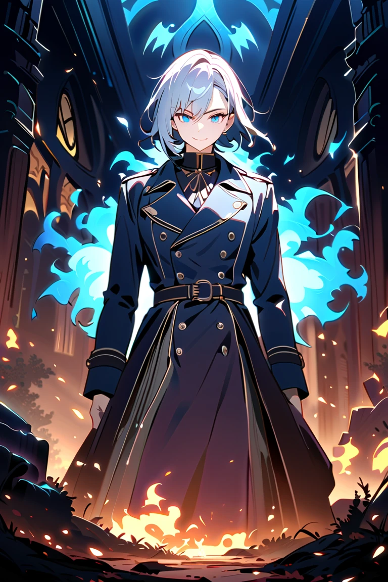 1male,,face not visible,blue combat trench coat, blue flames,(holding blue flames from closed fist),standing,front,(blue fire flying in profusion), dark skinned young male, silver side swept hair, Light blue eyes, cocky smile, Art Deco,Color Field painting,rococo style,chiaroscuro,cinematic lighting,large quantity of petals,night,dark fantasy,graveyard background,masterpiece,best quality,ultra detailed,8k portrait,unity 8k wallpaper,super fine illustration