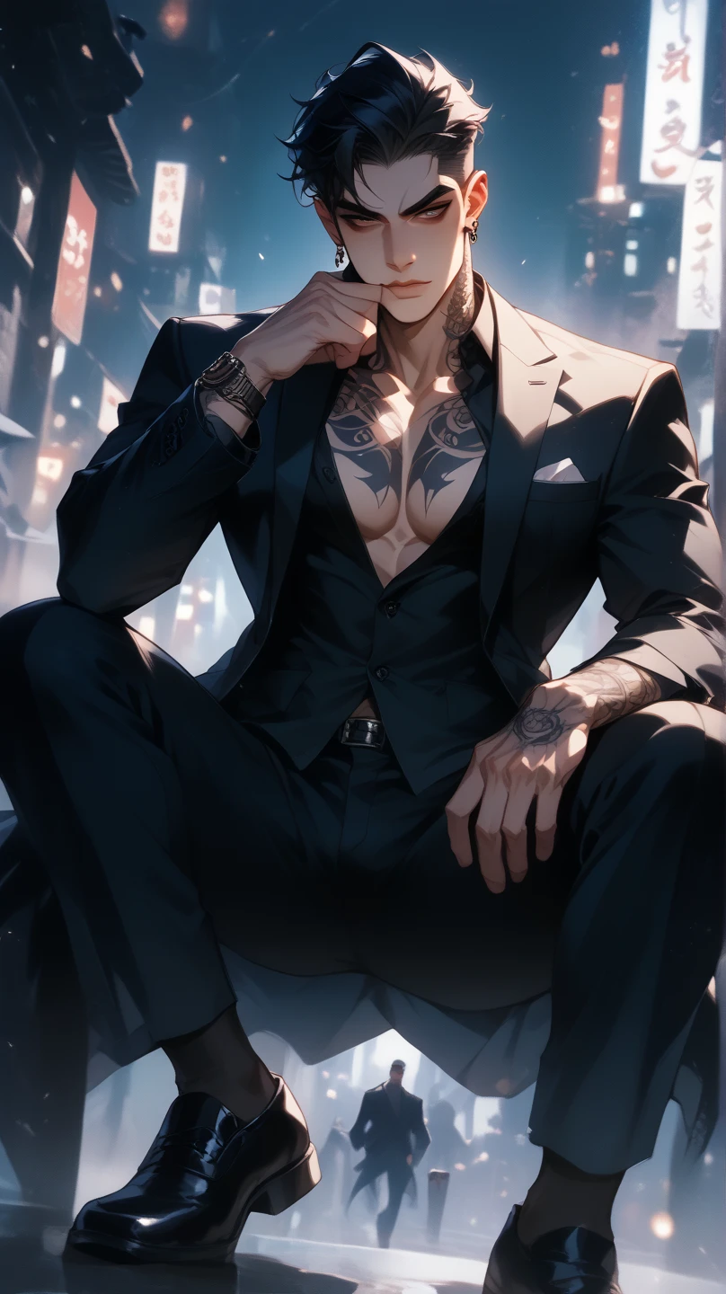   sitting person 、 The whole body up to the foot ,  adult male ,     black hair,  mafia,  {{{{{{One boy ,  Dark Eyes,     No Feelings    ,    dark eyes,  full body tattoos,   all back,  Black Suit  ,   Nice  , reality ,     Sexy boys have jaws   , Face Angle , He has a chin    、In the dark city、 detailed face 、 macho