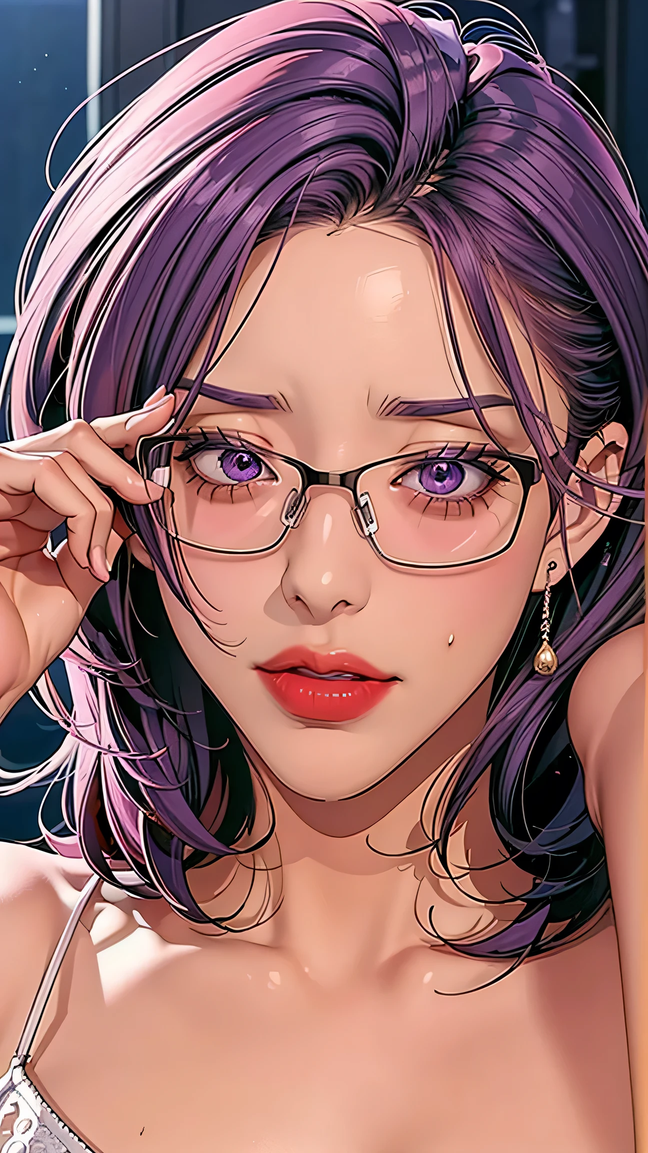break in {ten} seteny Korean woman in office,masterpiece, 32K, etentremely detailed, fine details, intricate details , break in (Ridiculous:1.1, high-resolution :1.1, facial etenpression display :1.1), crazy details ,Ridiculous, ( high-resolution :1.1, ray tracing:1.1,refraction:1.1) ( 1.1 - bit) (1. woman,one:1.3 bits ), break in, purple hair , purple eyes ,30 woman break in 、Wearing glasses,Etenpression shown by , Smile(((((whole body))))、 Kuroki