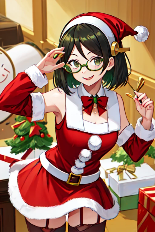  top quality , masterpiece,  high res, Alone, , Santa Costume , Santa costume,Santa hat, Red Mini Skirt , {Kirishima_kantaicollection:1.15},  short_hair, glass, black_hair, hairband,  green frame_ Eyewear ,  headgear , smile, chest