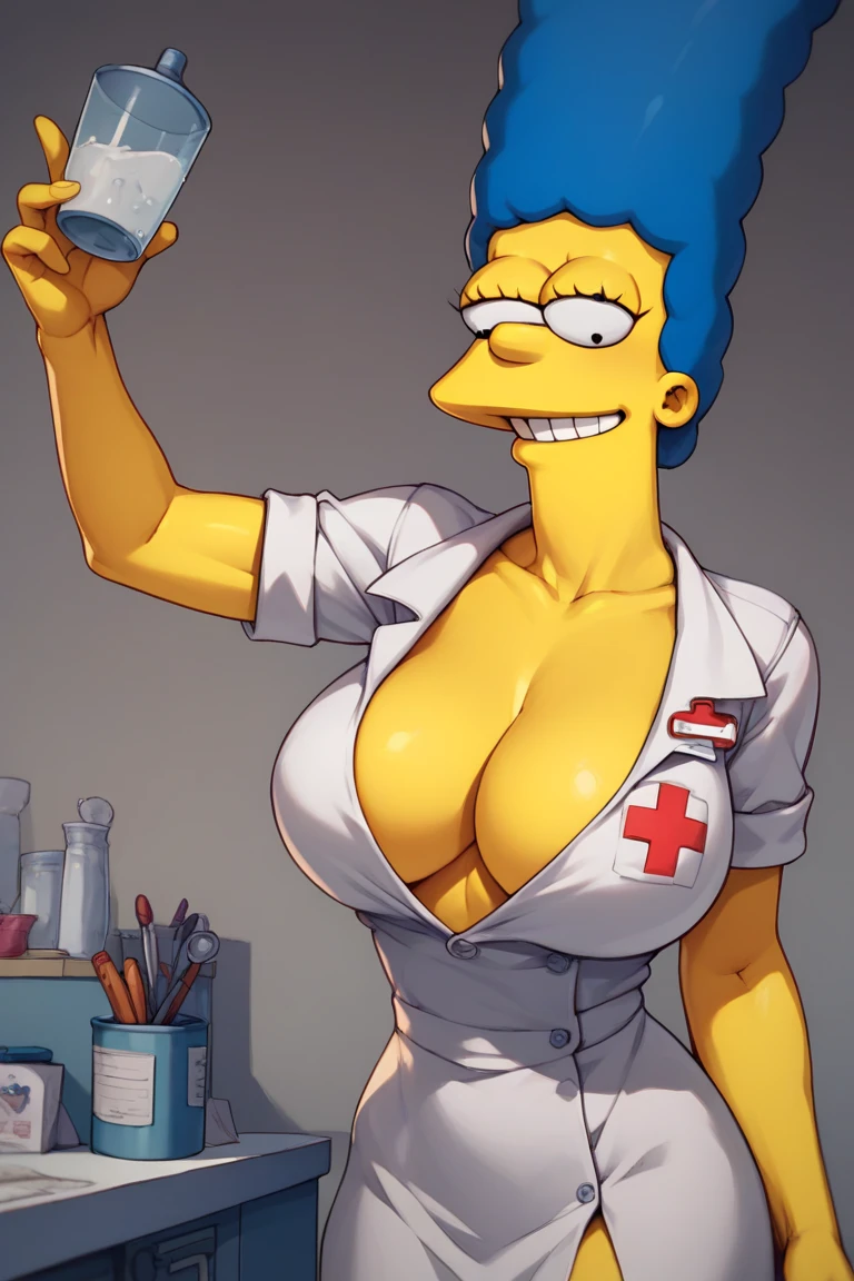  Marge Simpson very beautiful smiling with a super sexy body (( big breasts)) with a micro nurse's uniform