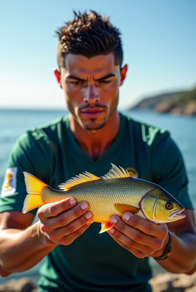 Arafed man holding a fish on a stick in front of a body of water, peixes no fundo, caio santos, Directed by: Samuel Silva, holding an fish in his hand, ???? Guraziu, 2 3 anos, cerca de 20 yo, Directed by: Nandor Soldier, diego koi, Homem dos Peixes, 2 4 anos