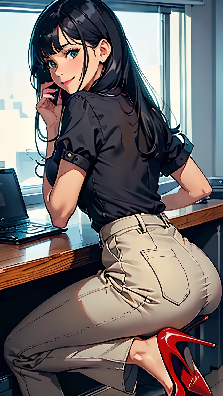 ((masterpiece, high resolution, better quality, better details)), ((Smiling)), ((one girl)) a girl speaking on the phone at a desk, full body, wearing a button-up blouse and wide-leg trousers, ((Louboutin high heels)), visible high heels, green eyes, ((black hair, long hair)), shiny skin, ((behind view)), solo, from behind, full body, focus full body, business casual, surrounded by office supplies