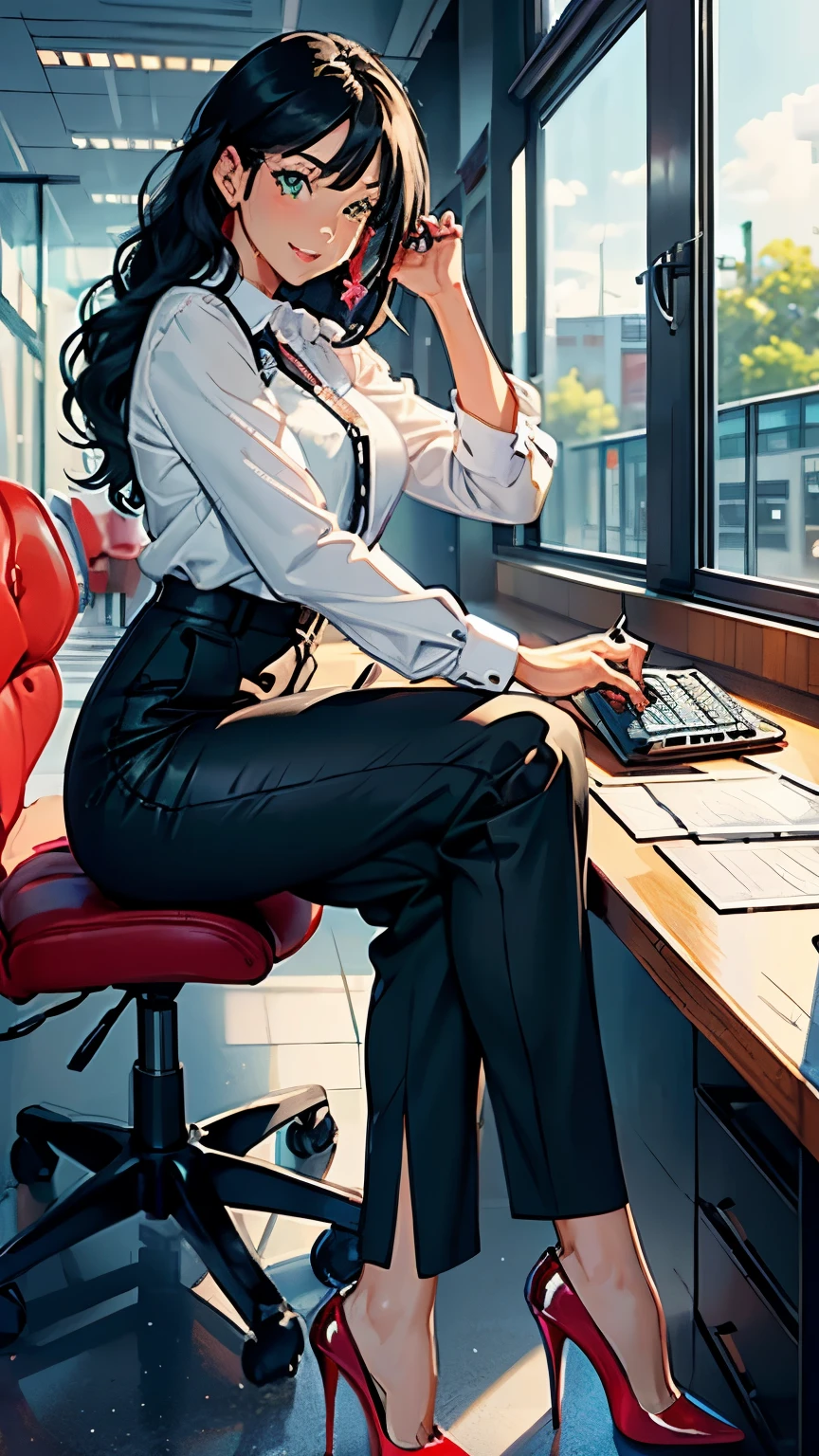 ((masterpiece, high resolution, better quality, better details)), ((Smiling)), ((one girl)) a girl speaking on the phone at a desk, full body, wearing a button-up blouse and wide-leg trousers, ((Louboutin high heels)), visible high heels, green eyes, ((black hair, long hair)), shiny skin, ((behind view)), solo, from behind, full body, focus full body, business casual, surrounded by office supplies