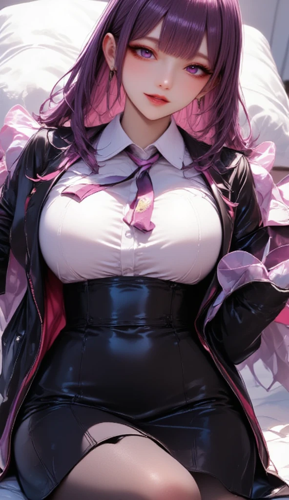   one mature beautiful woman  ,(masterpiece:1.3, top quality :1.3, Detailed description:1.3,  amazingly high resolution :1.3,High quality anime drawings),(   I'm looking at an office lady ,excellent female secretary ,Villainess,glass),(  business suit,  tight skirt  , Strength to accumulate formal shirts, black tights,  lavish accessories  ,  high heels by Miguel),(紫Eyes,Crazy Eyes, Half-open（Hanbiraki ）Eyes:1.5, Big Breasts,  wicked smile,  Shiny Red Lips  , Open Mouth, Seductive Gestures , beautiful legs, Healthy legs,Curvy Body,  High quality satin  ), full body image :2.0,  Horny expression, sweaty blush, burning expression, drunken, sexy tongue