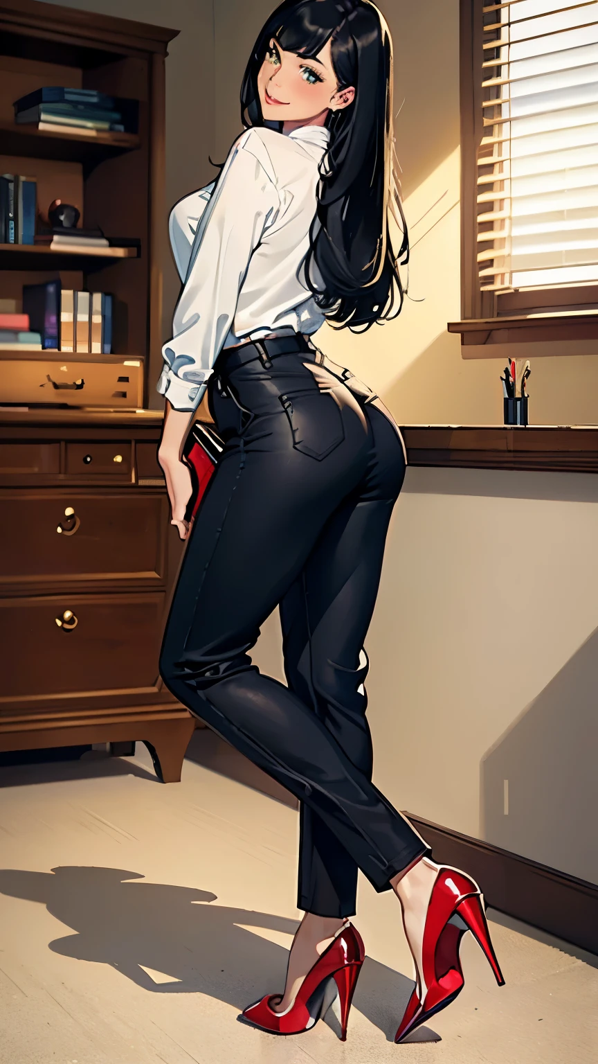 ((masterpiece, high resolution, better quality, better details)), ((Smiling)), ((one girl)) a girl speaking on the phone at a desk, full body, wearing a button-up blouse and wide-leg trousers, ((Louboutin high heels)), visible high heels, green eyes, ((black hair, long hair)), shiny skin, ((behind view)), solo, from behind, full body, focus full body, business casual, surrounded by office supplies