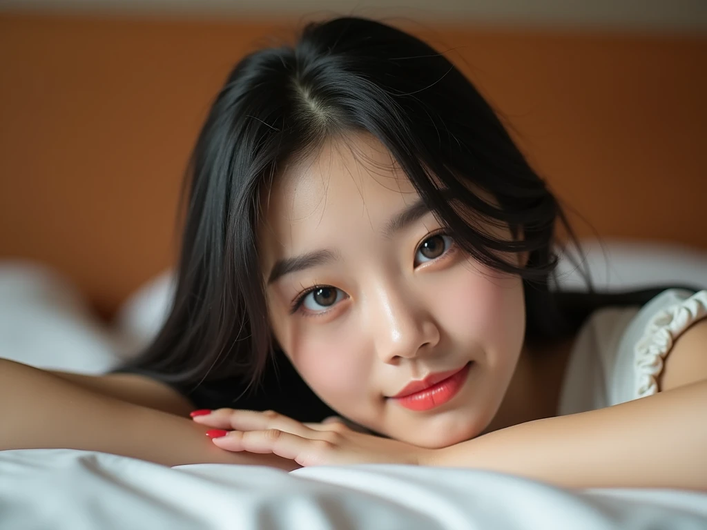 photorealistic image of an 18 year old Asian female, lying flat on her tummy, on a teak bed, soft-lit, looking at the camera, feeling playful