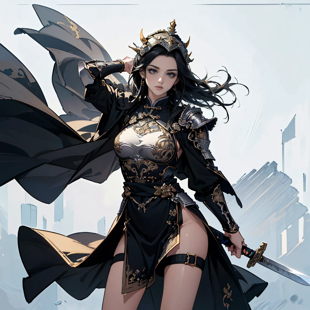 ( top quality ,4K,8k, high res,masterpiece:1.2),super detailed,(super fine illustration),(((A woman in armor drawn in an anime-style illustration ))),20 years old, An Extraordinary Beauty:1.3,((Beautiful long black hair with luster :1.3)),Detailed Elongated Eyes :1.2, perfect eyes,(( Attractive Dark Eyes )),(Fair skin,Hairy Armpits:1.3,NFSW),cinematic lighting, , soft shadows,(( Beautiful silver armor drawn in detail :1.3,Sexy armor with a see-through part, Deeply wearing an ancient Chinese silver helmet drawn in detail :1.3, Detailed Black Cloak with Detailed Gold Embroidered:1.3,dynamic pause:1.3, holding an ancient Chinese sword drawn in detail :1.3)),(( cowboy shot:1.2)),(( white background:1.3,simple background:1.2)),(( standing:1.3, depicted so as not to be visible from the tip of her head to above her knee :1.3))