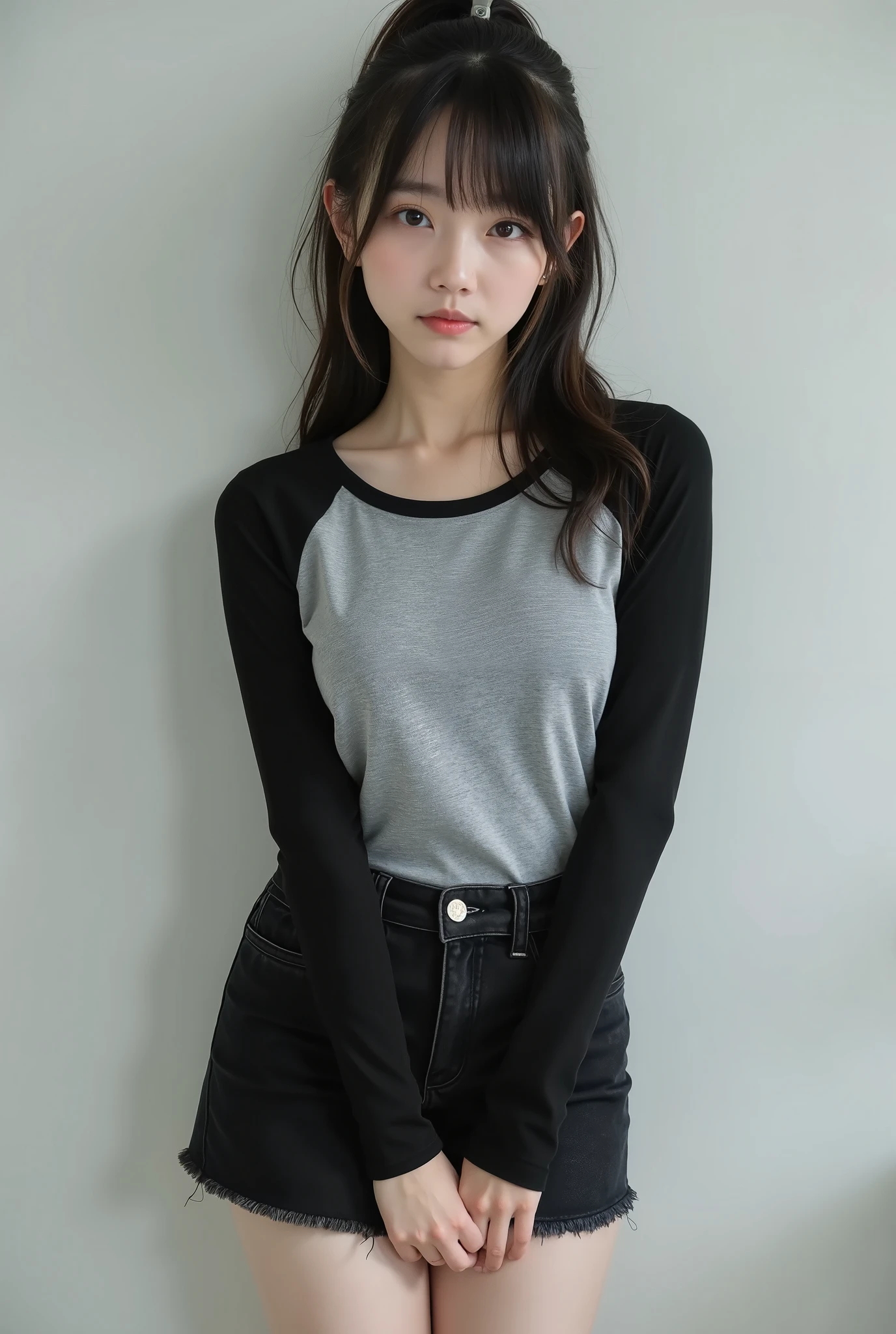 portrait photo,masterpiece, nsfw,8k
( 1 girl,Slender body, flat chest, Wide pelvis, Small Ass, thick, curvy thighs )
(age Japanese Girl, 163_Height cm,Pale, pale skin),black color hair, ((highlights hair, honey brown streaked hair)), Straight short Ponytail Hair with bangs,(young face, Round face, Droopy eyes, hazel eyes,look loving ),Wearing Long Sleeve Tight T-shirt Black Sleeves and Gray Body,Black Denim mini Skirt,85mm, official AR RAW photo ,(Realistic,Ultra Details), Best Quality,Chromatic Aberration Anatomically Correct, textured skin