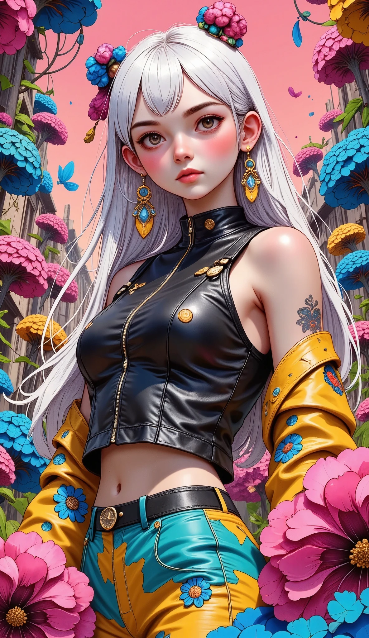 ( official art , Beautiful and aesthetic :1.2), ( a girl:1.3),(fractal art:1.1),(colorful:1.1)(flores:1.3),highest detailed,(tangled:1.2), Full body , ( abstract background :1.3), ( shiny leather), (many colors:1.4), ,(earrings), (feathers:1.5),
