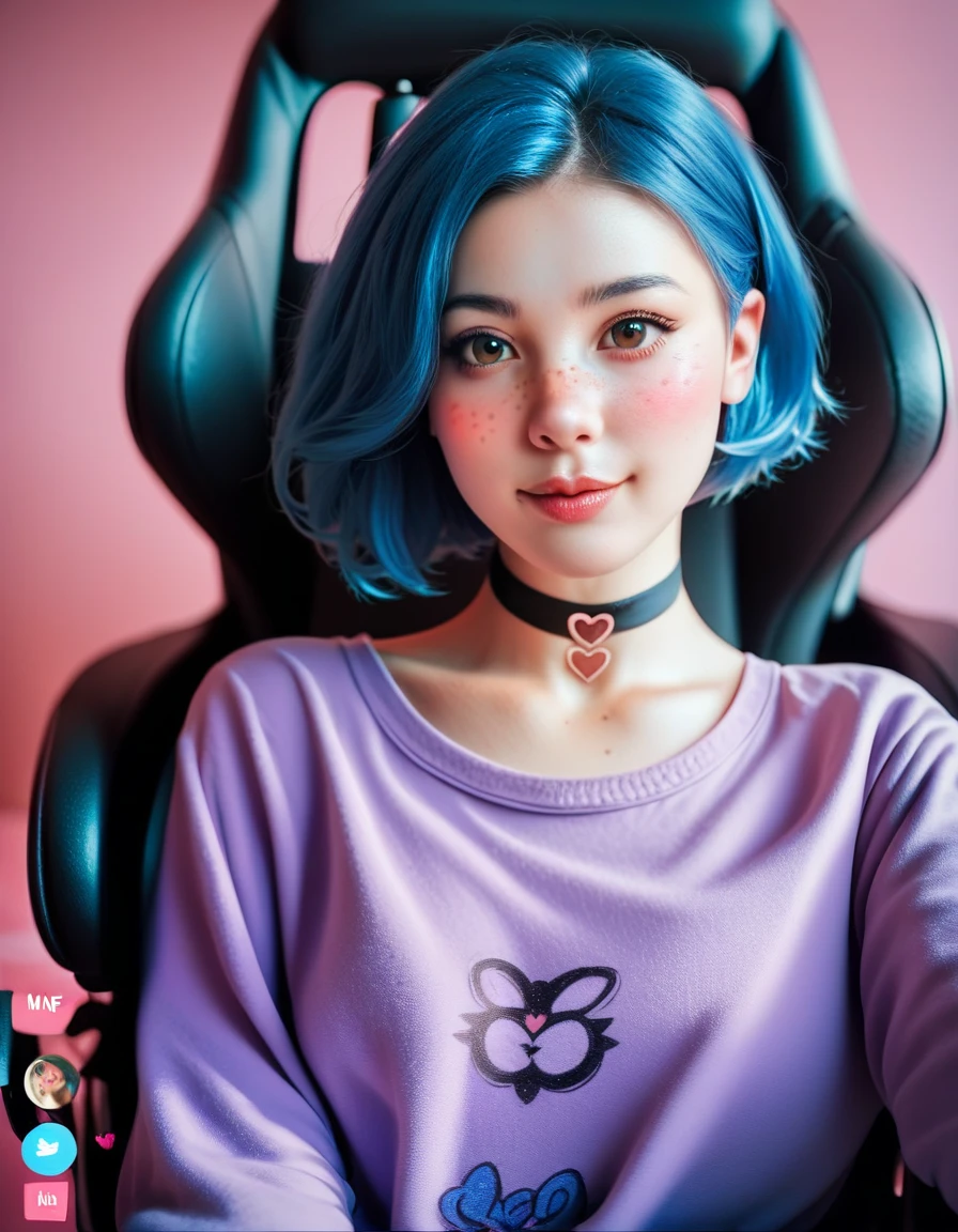 Cute Egirl innocent expression, sexy Livestream woman, sexy Egirl, Egirl, freckles, short blue hair, huge brown eyes, extremely detailed big brown eyes, black eyeliner, pink blush, red cheeks, blushing, pale skin, petite, black neck choker, tight purple shirt, sitting on gaming chair, cozy pink bedroom background, extremely detailed, realistic, photorealistic, Highest quality, High resolution