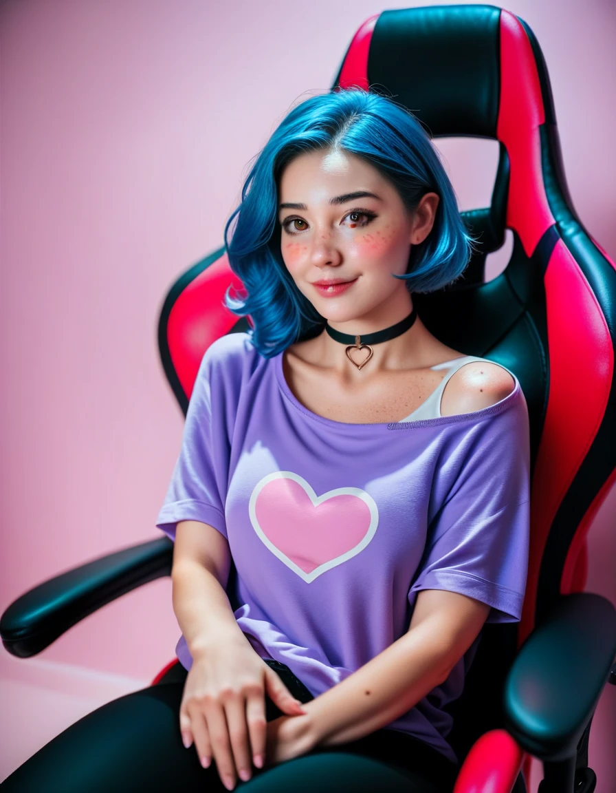 Cute Egirl innocent expression, sexy Livestream woman, sexy Egirl, Egirl, freckles, short blue hair, huge brown eyes, extremely detailed big brown eyes, black eyeliner, pink blush, red cheeks, blushing, pale skin, petite, black neck choker, tight purple shirt, sitting on gaming chair, cozy pink bedroom background, extremely detailed, realistic, photorealistic, Highest quality, High resolution