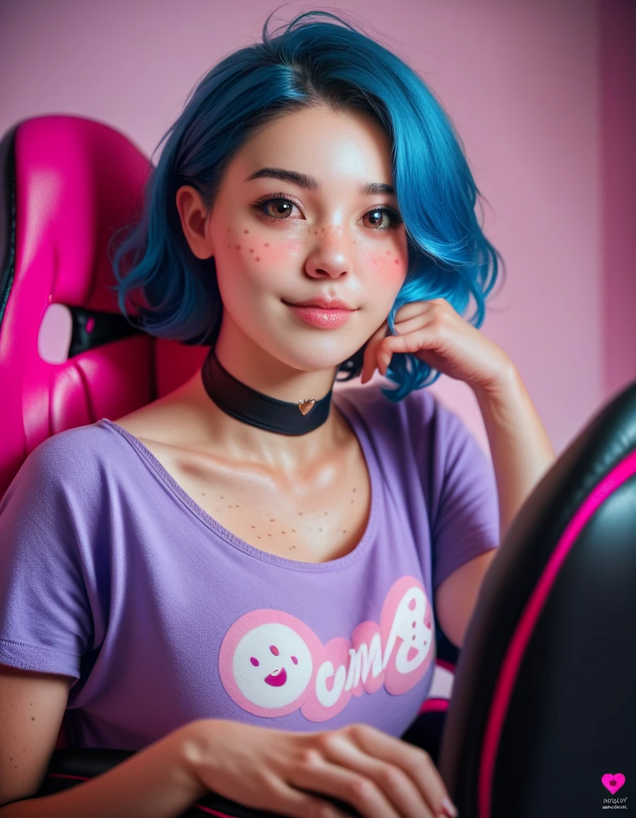 Cute Egirl innocent expression, sexy Livestream woman, sexy Egirl, Egirl, freckles, short blue hair, huge brown eyes, extremely detailed big brown eyes, black eyeliner, pink blush, red cheeks, blushing, pale skin, petite, black neck choker, tight purple shirt, sitting on gaming chair, cozy pink bedroom background, extremely detailed, realistic, photorealistic, Highest quality, High resolution