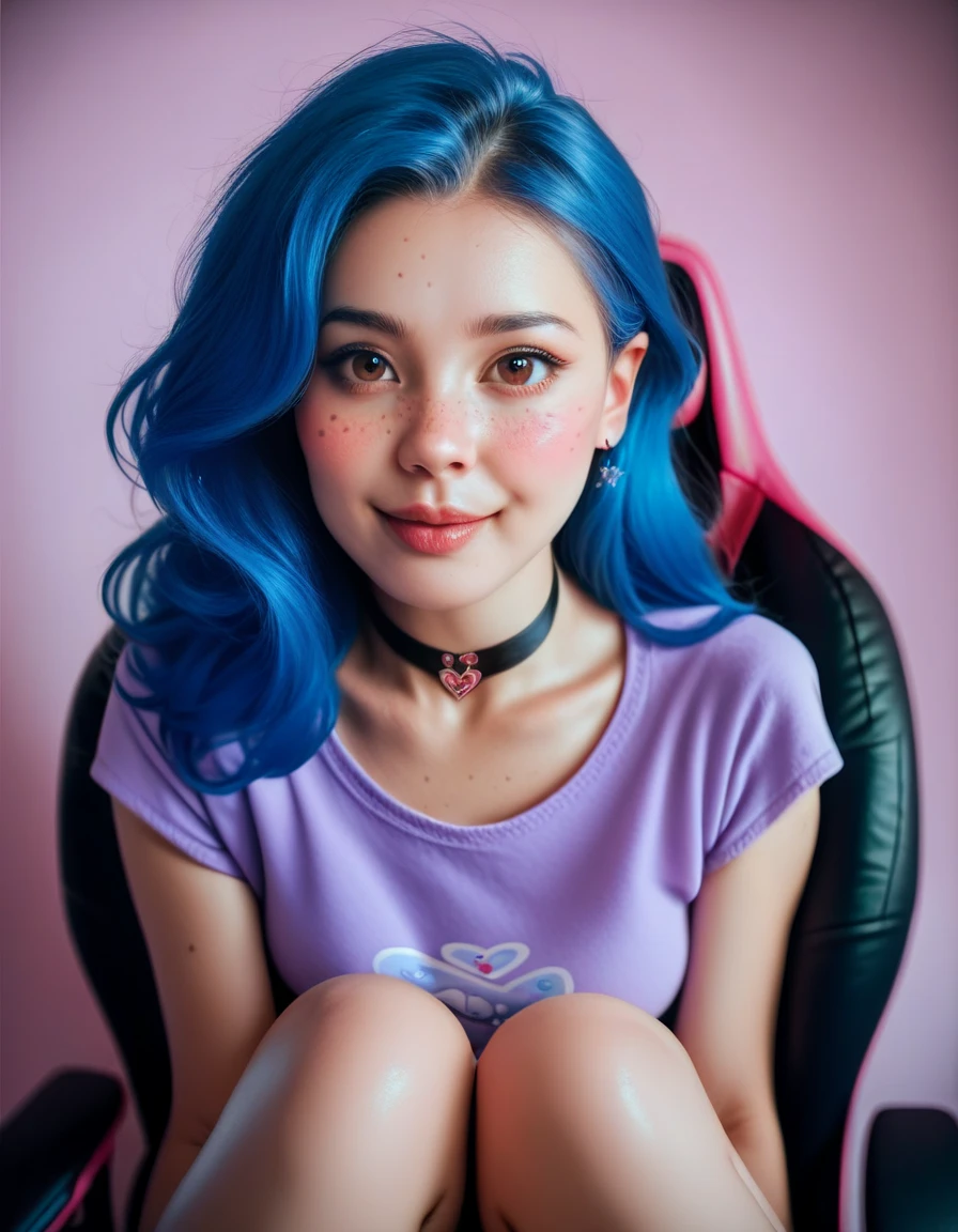 Cute Egirl innocent expression, sexy Livestream woman, sexy Egirl, Egirl, freckles, short blue hair, huge brown eyes, extremely detailed big brown eyes, black eyeliner, pink blush, red cheeks, blushing, pale skin, petite, black neck choker, tight purple shirt, sitting on gaming chair, cozy pink bedroom background, extremely detailed, realistic, photorealistic, Highest quality, High resolution