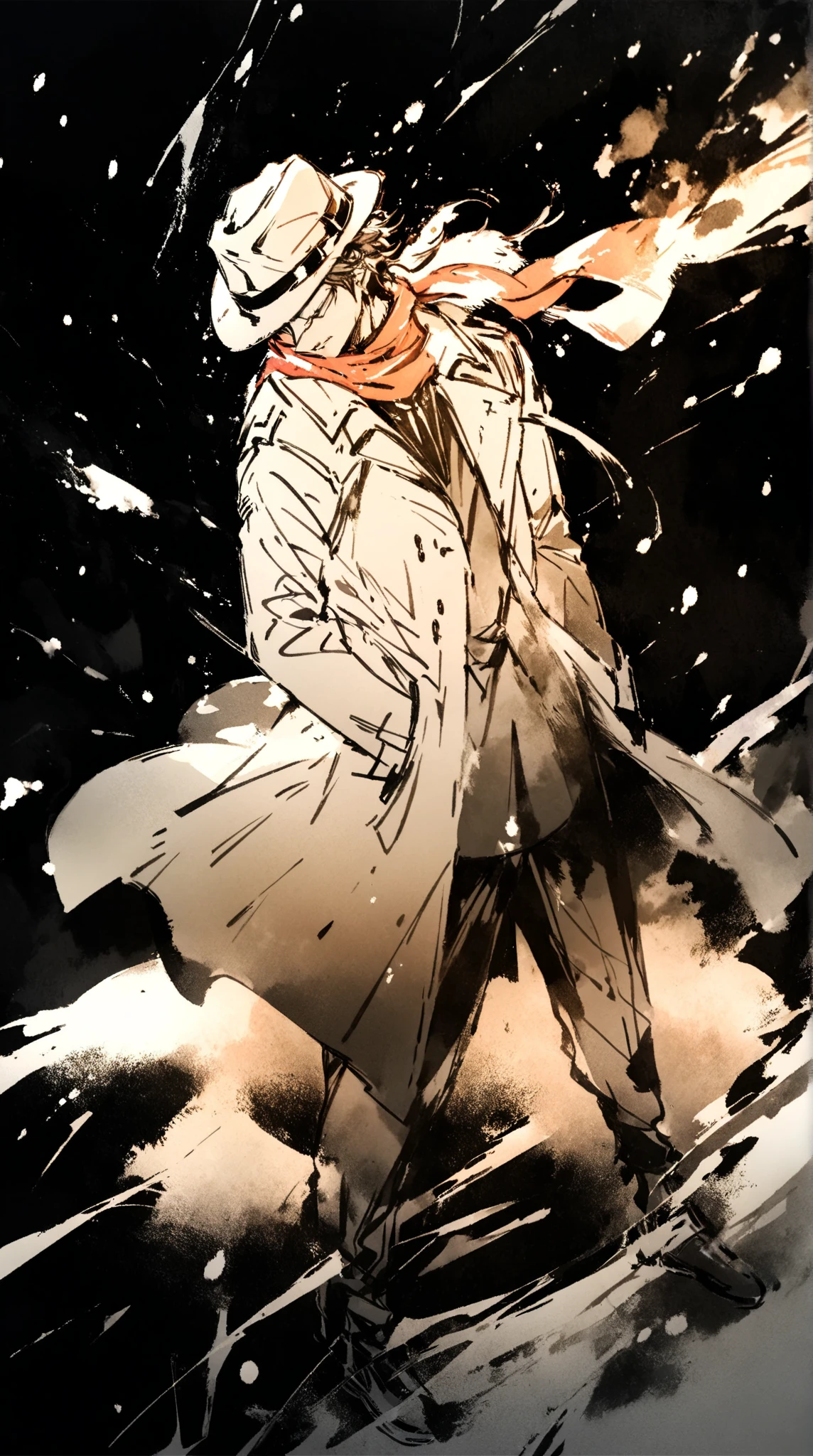 score_9, score_8_up, score_7_up, score_6_up, masterpiece, best quality, watercolor, double exposure, brown monochrome, man, solo, full body, trench coat, long red scarf flying in the air, fedora, looking down, cold breath, snow, night, dim, simple background \(face of a man\),