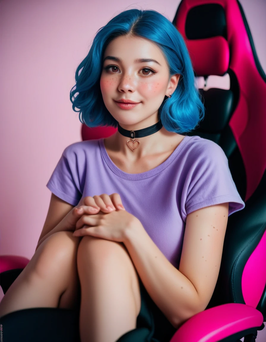 Cute Egirl innocent expression, sexy Livestream woman, sexy Egirl, Egirl, freckles, short blue hair, huge brown eyes, extremely detailed big brown eyes, black eyeliner, pink blush, red cheeks, blushing, pale skin, petite, black neck choker, tight purple shirt, sitting on gaming chair, cozy pink bedroom background, extremely detailed, realistic, photorealistic, Highest quality, High resolution