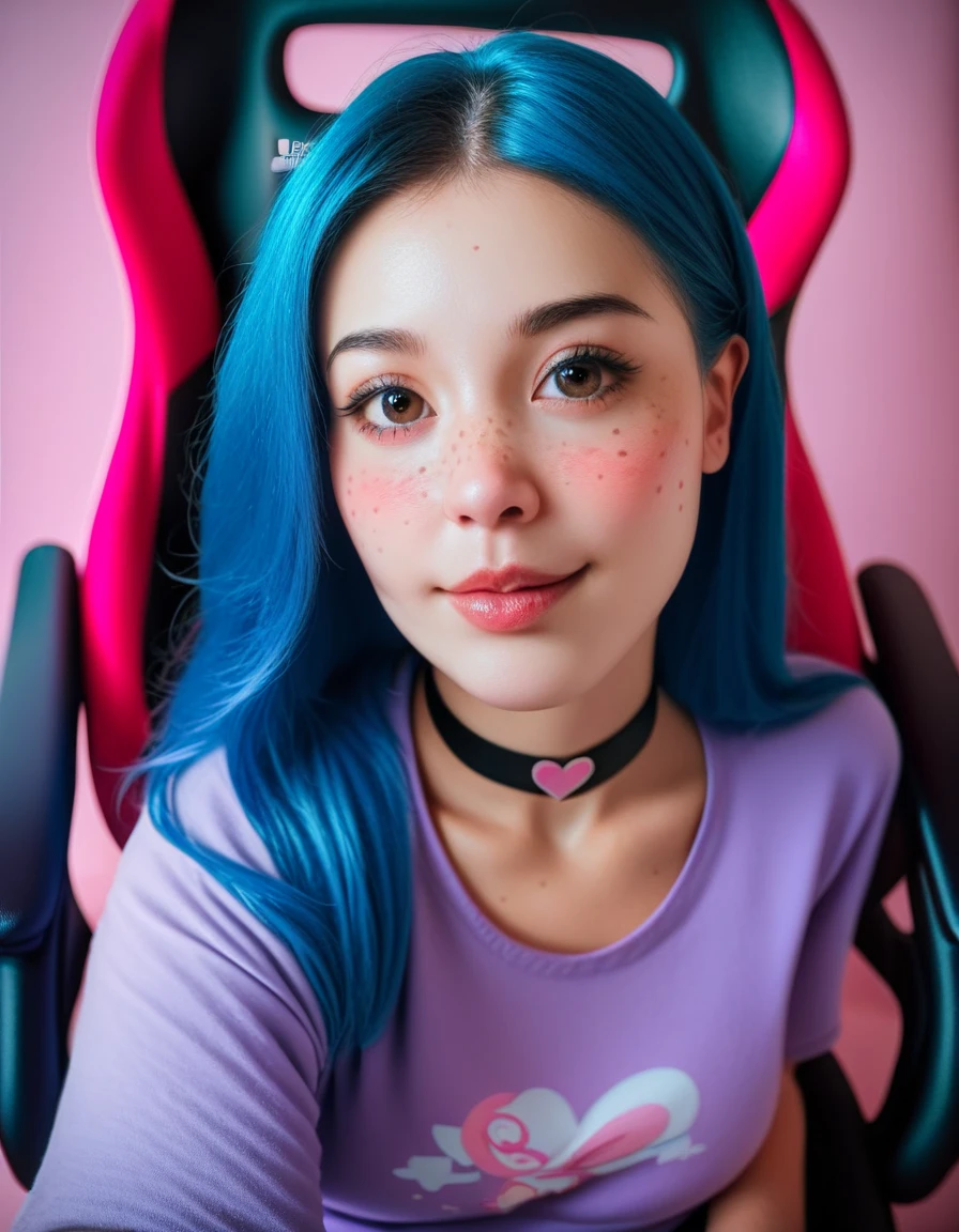 Cute Egirl innocent expression, sexy Livestream woman, sexy Egirl, Egirl, freckles, short blue hair, huge brown eyes, extremely detailed big brown eyes, black eyeliner, pink blush, red cheeks, blushing, pale skin, petite, black neck choker, tight purple shirt, sitting on gaming chair, cozy pink bedroom background, extremely detailed, realistic, photorealistic, Highest quality, High resolution