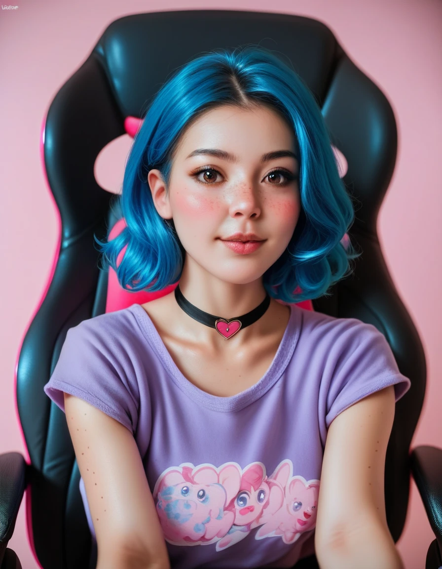 Cute Egirl innocent expression, sexy Livestream woman, sexy Egirl, Egirl, freckles, short blue hair, huge brown eyes, extremely detailed big brown eyes, black eyeliner, pink blush, red cheeks, blushing, pale skin, petite, black neck choker, tight purple shirt, sitting on gaming chair, cozy pink bedroom background, extremely detailed, realistic, photorealistic, Highest quality, High resolution