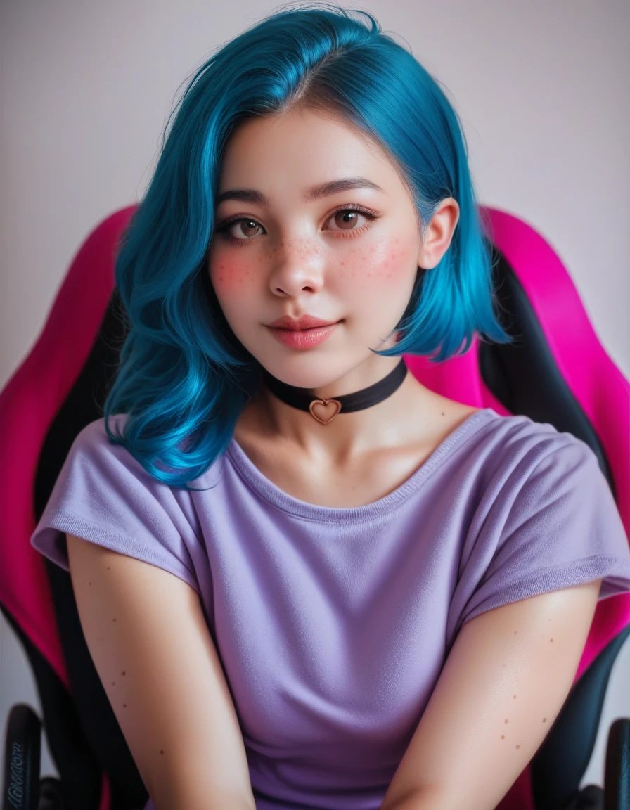 Cute Egirl innocent expression, sexy Livestream woman, sexy Egirl, Egirl, freckles, short blue hair, huge brown eyes, extremely detailed big brown eyes, black eyeliner, pink blush, red cheeks, blushing, pale skin, petite, black neck choker, tight purple shirt, sitting on gaming chair, cozy pink bedroom background, extremely detailed, realistic, photorealistic, Highest quality, High resolution