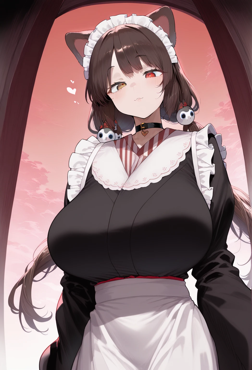    surreal, , flower,    twin tails, low    twin tails,    long hair , dog girl、    girl standing 、  dark brown hair  、
   choker   ,    maid's headdress  ,    black kimono   ,      wide sleeve, frills, heart,    white apron,  Sleeves Over Wrist ,    skirt, red    skirt, perfect face,    perfect lighting,,    SEXY WOMEN   , huge breasts,、  stretch your chest