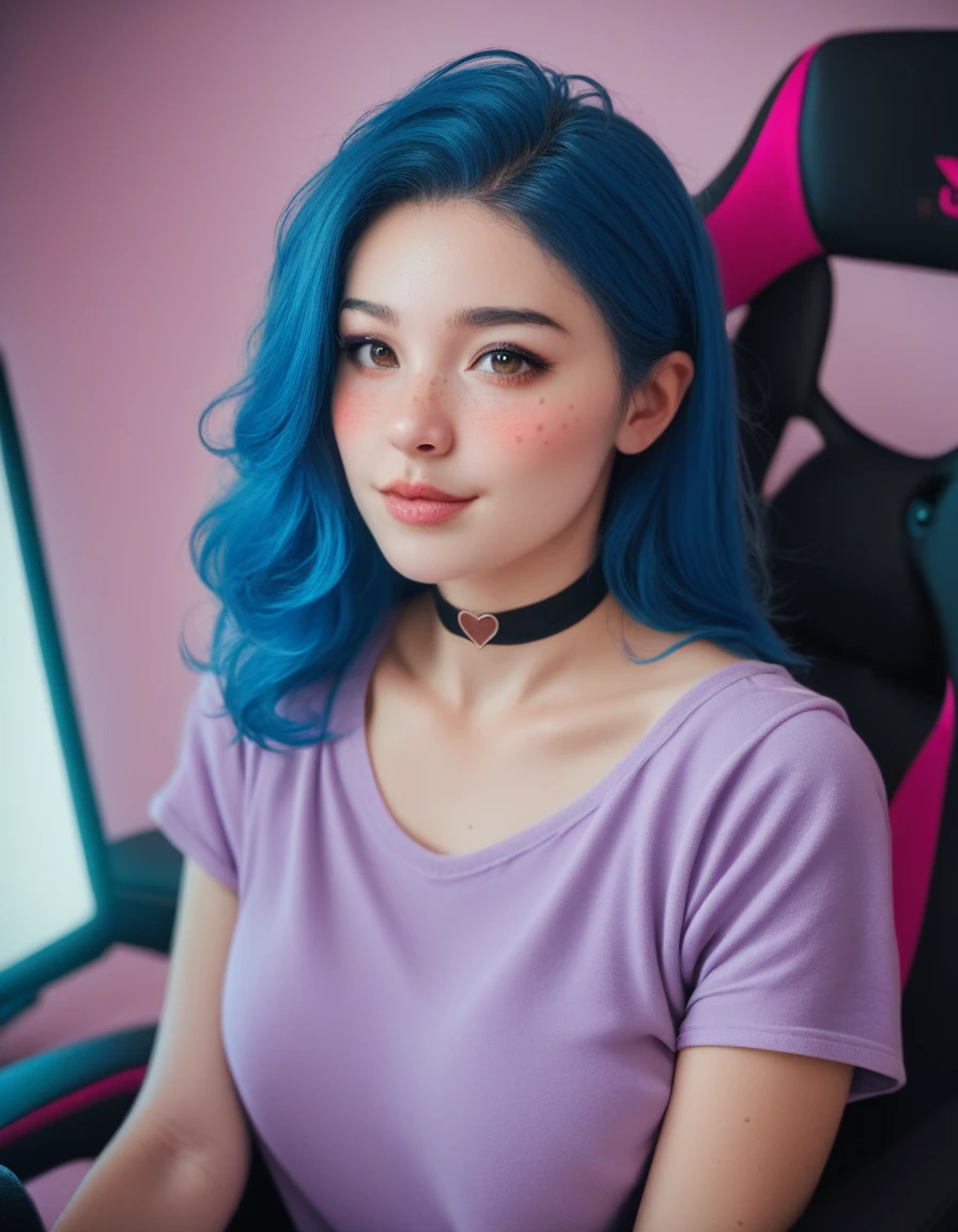 Cute Egirl innocent expression, sexy Livestream woman, sexy Egirl, Egirl, freckles, short blue hair, huge brown eyes, extremely detailed big brown eyes, black eyeliner, pink blush, red cheeks, blushing, pale skin, petite, black neck choker, tight purple shirt, sitting on gaming chair, cozy pink bedroom background, extremely detailed, realistic, photorealistic, Highest quality, High resolution