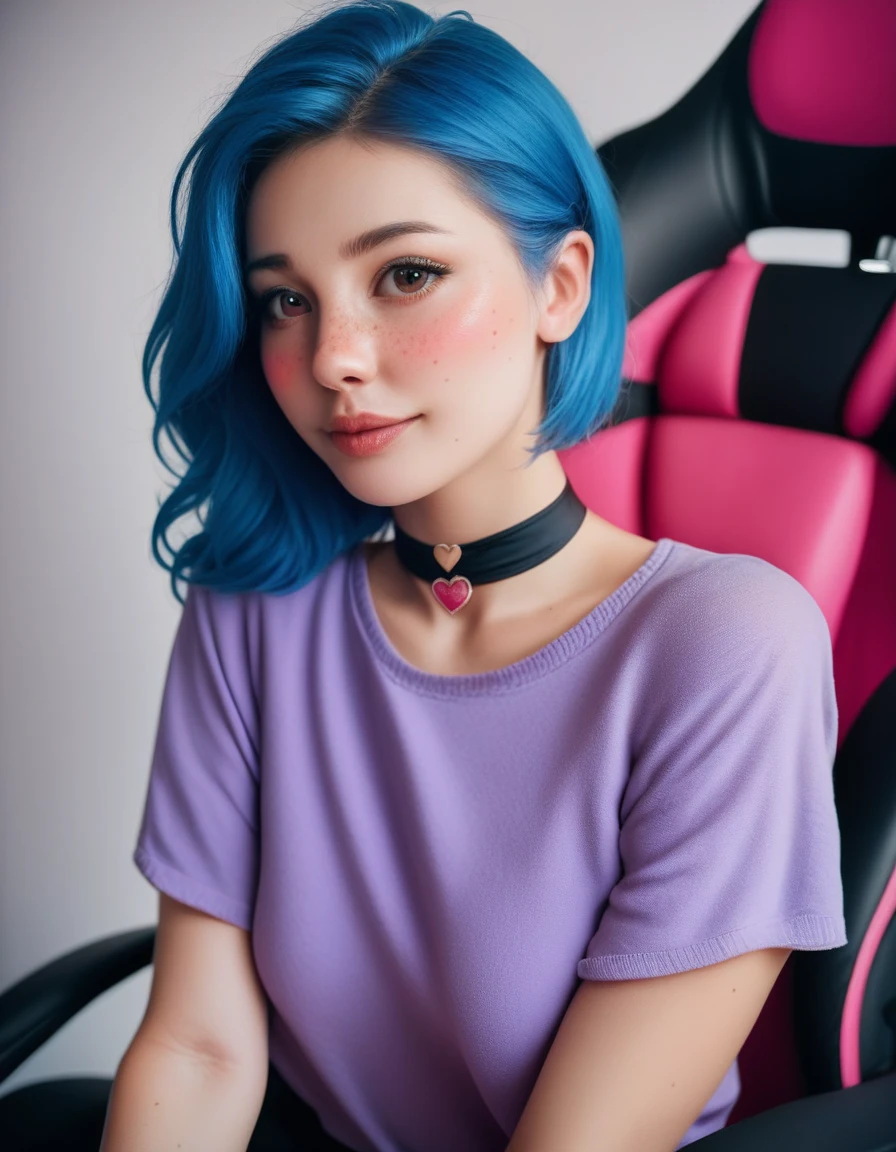 Cute Egirl innocent expression, sexy Livestream woman, sexy Egirl, Egirl, freckles, short blue hair, huge brown eyes, extremely detailed big brown eyes, black eyeliner, pink blush, red cheeks, blushing, pale skin, petite, black neck choker, tight purple shirt, sitting on gaming chair, cozy pink bedroom background, extremely detailed, realistic, photorealistic, Highest quality, High resolution