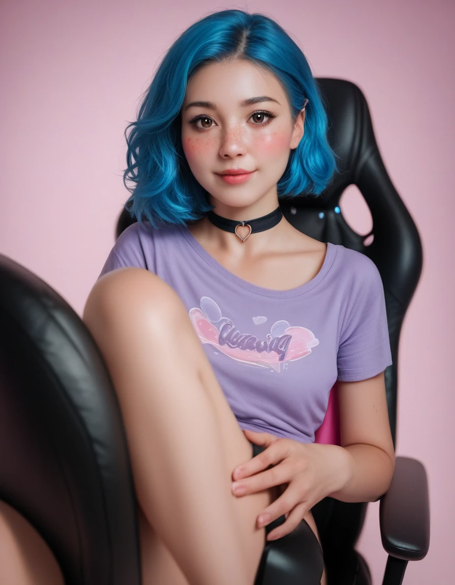 Cute Egirl innocent expression, sexy Livestream woman, sexy Egirl, Egirl, freckles, short blue hair, huge brown eyes, extremely detailed big brown eyes, black eyeliner, pink blush, red cheeks, blushing, pale skin, petite, black neck choker, tight purple shirt, sitting on gaming chair, cozy pink bedroom background, extremely detailed, realistic, photorealistic, Highest quality, High resolution