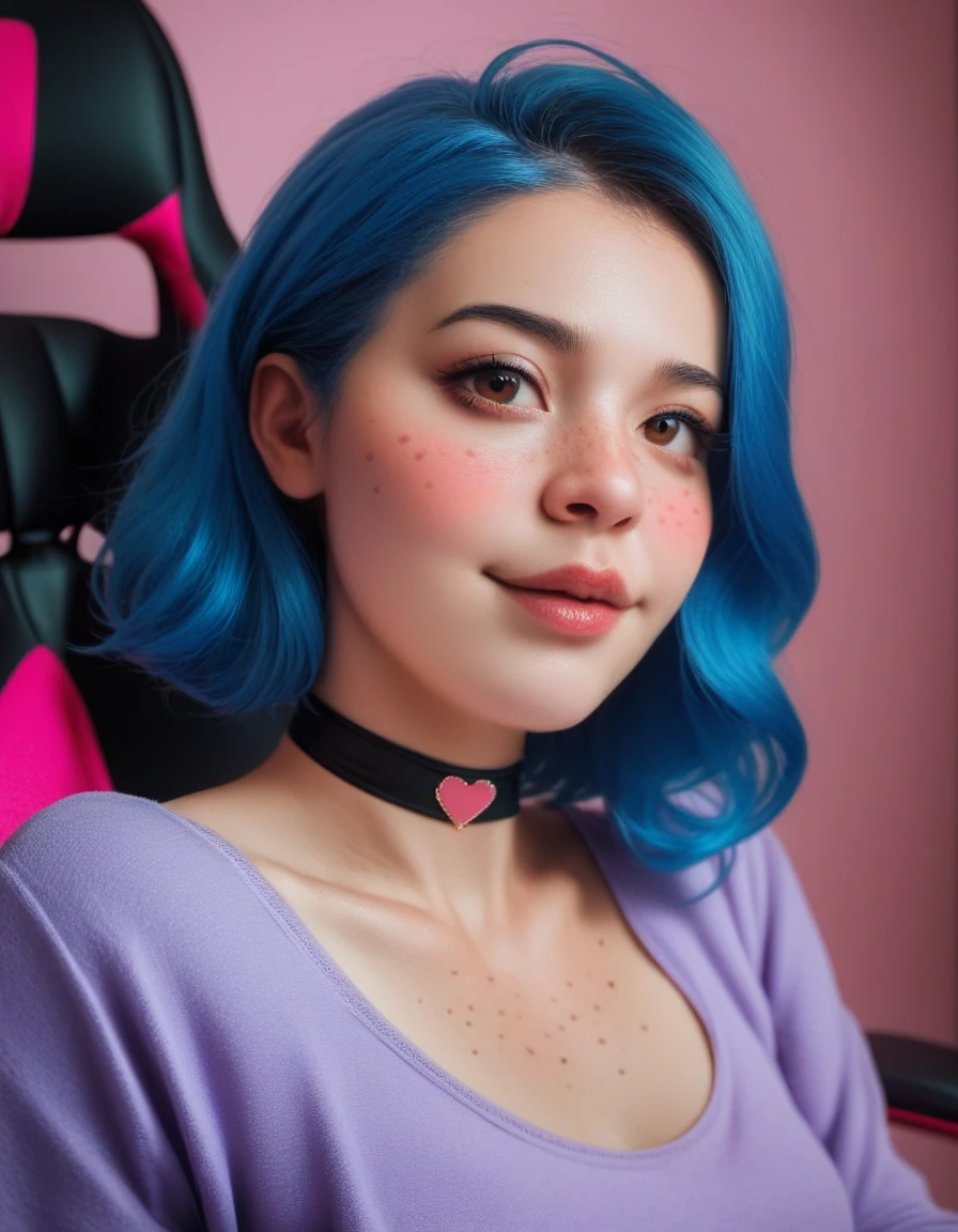 Cute Egirl innocent expression, sexy Livestream woman, sexy Egirl, Egirl, freckles, short blue hair, huge brown eyes, extremely detailed big brown eyes, black eyeliner, pink blush, red cheeks, blushing, pale skin, petite, black neck choker, tight purple shirt, sitting on gaming chair, cozy pink bedroom background, extremely detailed, realistic, photorealistic, Highest quality, High resolution