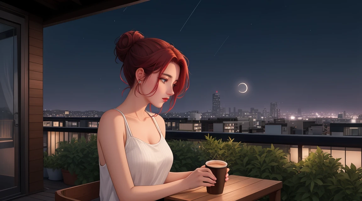 "A serene and confident woman sits on a rooftop at night, her auburn hair tied in a relaxed messy bun with subtle purple streaks framing her face. Her piercing blue eyes glow faintly under the soft illumination of a bright full moon, and her naturally red lips add vibrancy to her calm demeanor. She wears a casual outfit consisting of a white tank top and short denim jeans, exuding effortless style and comfort. The rooftop is minimalist yet inviting, with a small wooden table adorned with a steaming coffee cup and a tiny potted plant, adding a cozy touch. Around her, the urban cityscape shimmers with warm ambient lights, blending seamlessly with patches of greenery and the tranquil night sky. The air is quiet, broken only by distant urban sounds, while the clear, starlit heavens and glowing moon provide a tranquil backdrop. The atmosphere is a perfect harmony of casual elegance and urban serenity, capturing the essence of a moment where modernity meets the timeless beauty of the night."
